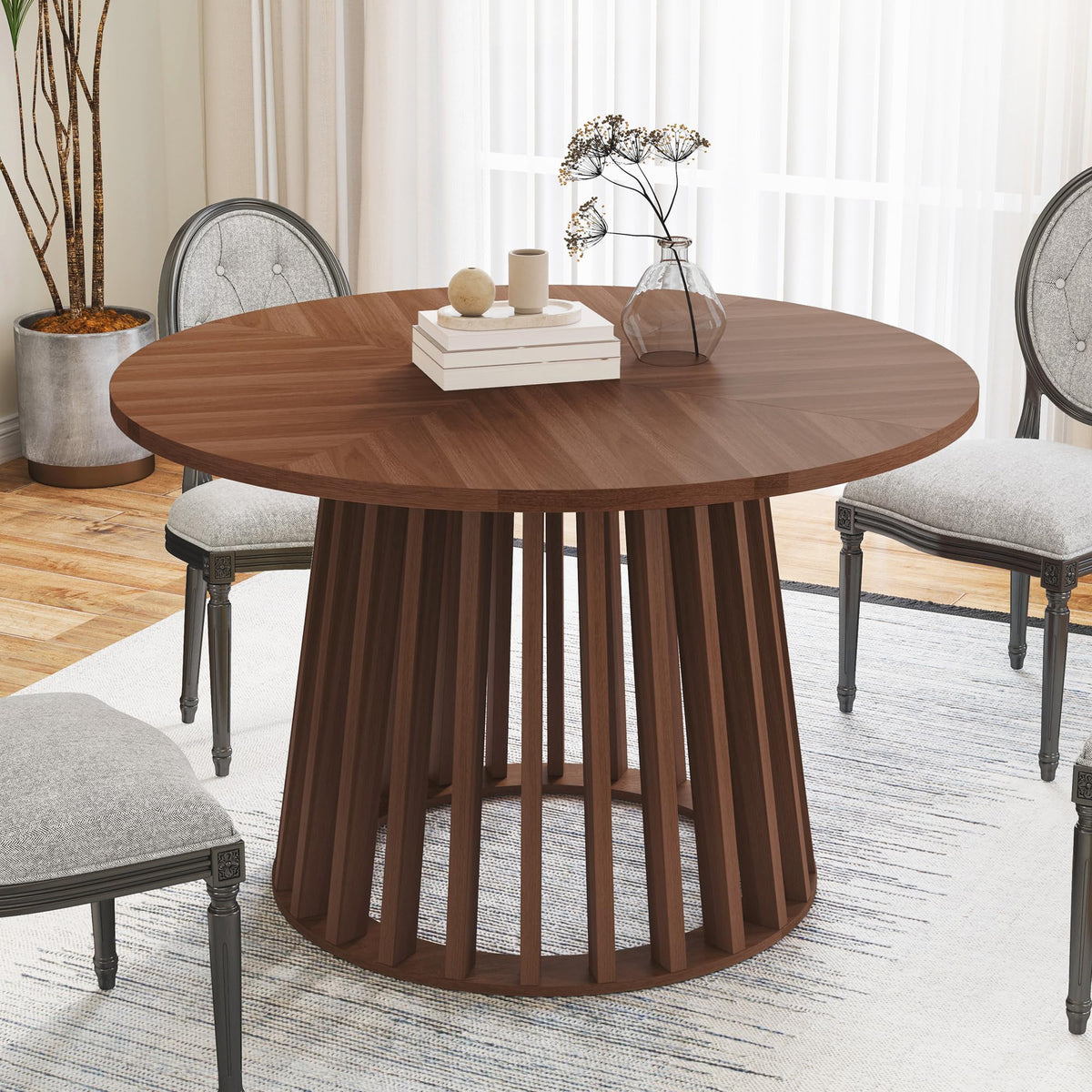 Round Dining Table For 4, Farmhouse 47 Inch Circle Kitchen Table, Rustic Dinner Table With Wood Strip Base For Dining Room Kitch