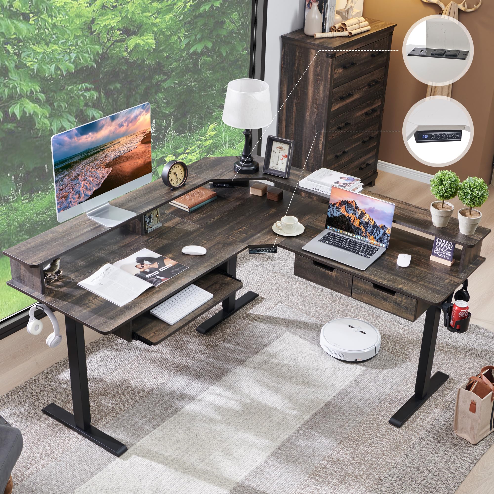 RedLemon 60 Inches L Shaped Electric Standing Desk,Height Adjustable Corner Gaming Desk with Drawers, Keyboard Tray, Power Outle