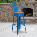 Flash Furniture Lily 30" High Blue Metal Barstool with Back and Wood Seat (Pack of 1)