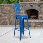 Flash Furniture Lily 30" High Blue Metal Barstool with Back and Wood Seat (Pack of 1)