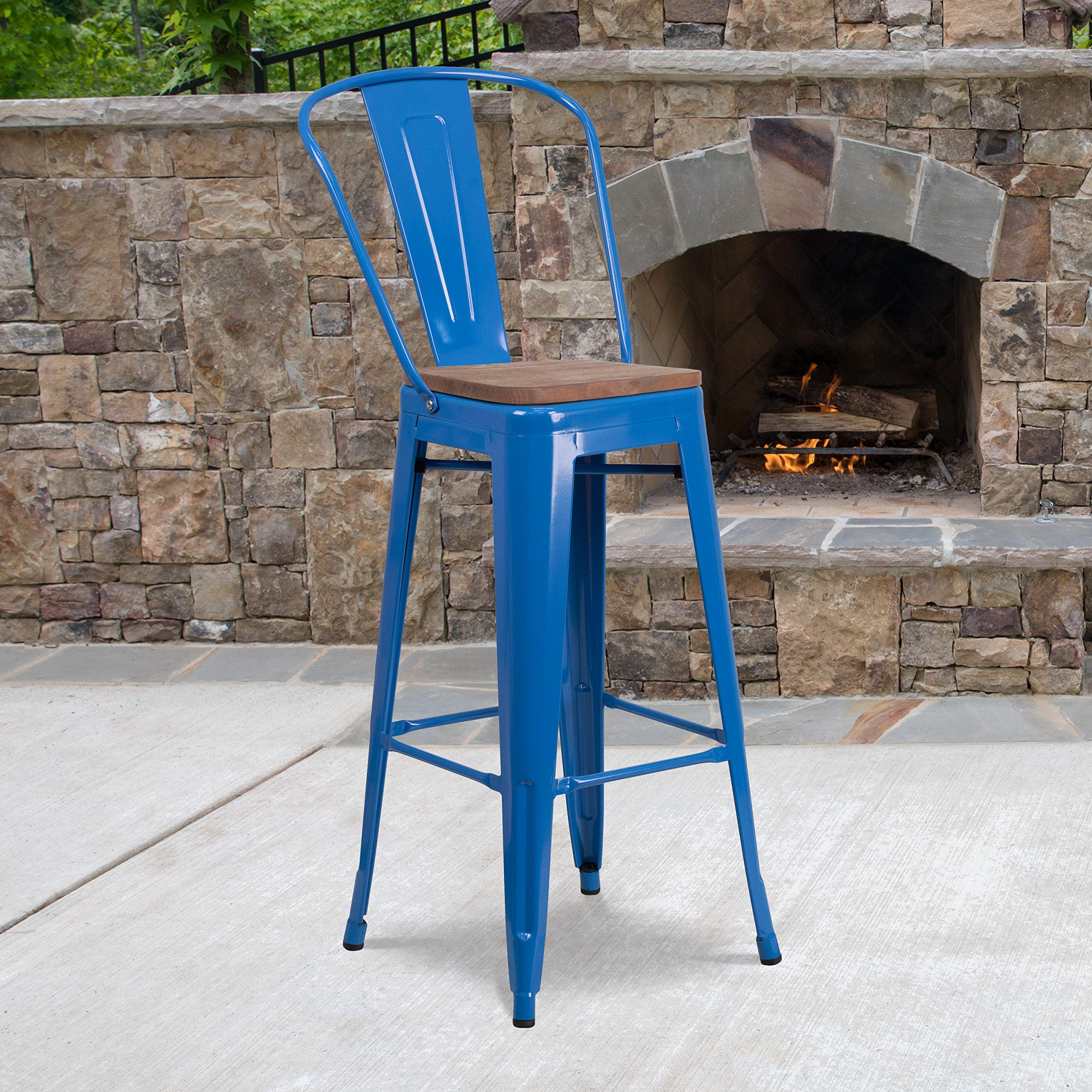 Flash Furniture Lily 30" High Blue Metal Barstool with Back and Wood Seat (Pack of 1)