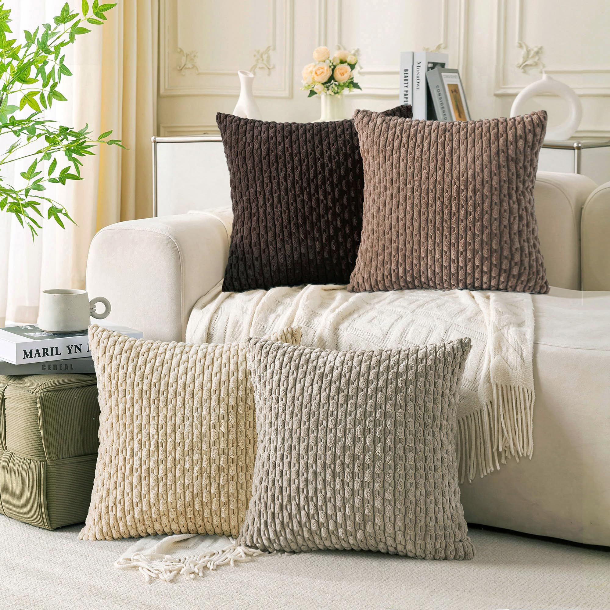 Cozoomy Set Of 4 Beige Brown Coffee Decorative Pillow Covers 20X20 Inch Corduroy Throw Pillow Covers For Bed Couch Sofa Living R
