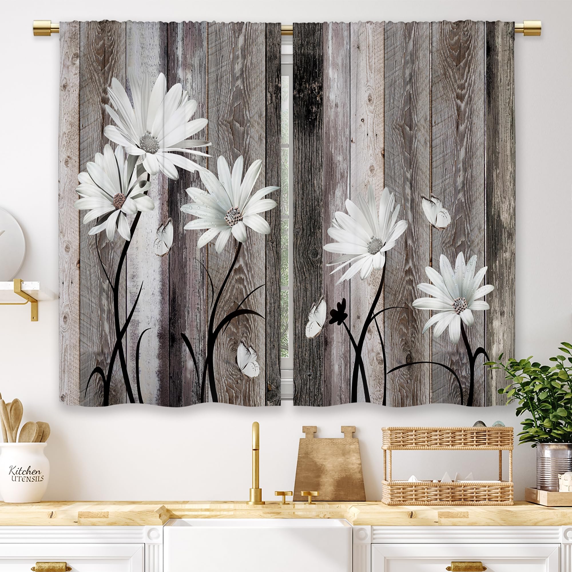 Laifzere Brown Farmhouse Daisy Kitchen Curtains Wooden Flower Small Short Cafe Window Curtains Rustic Floral Butterfly Country B