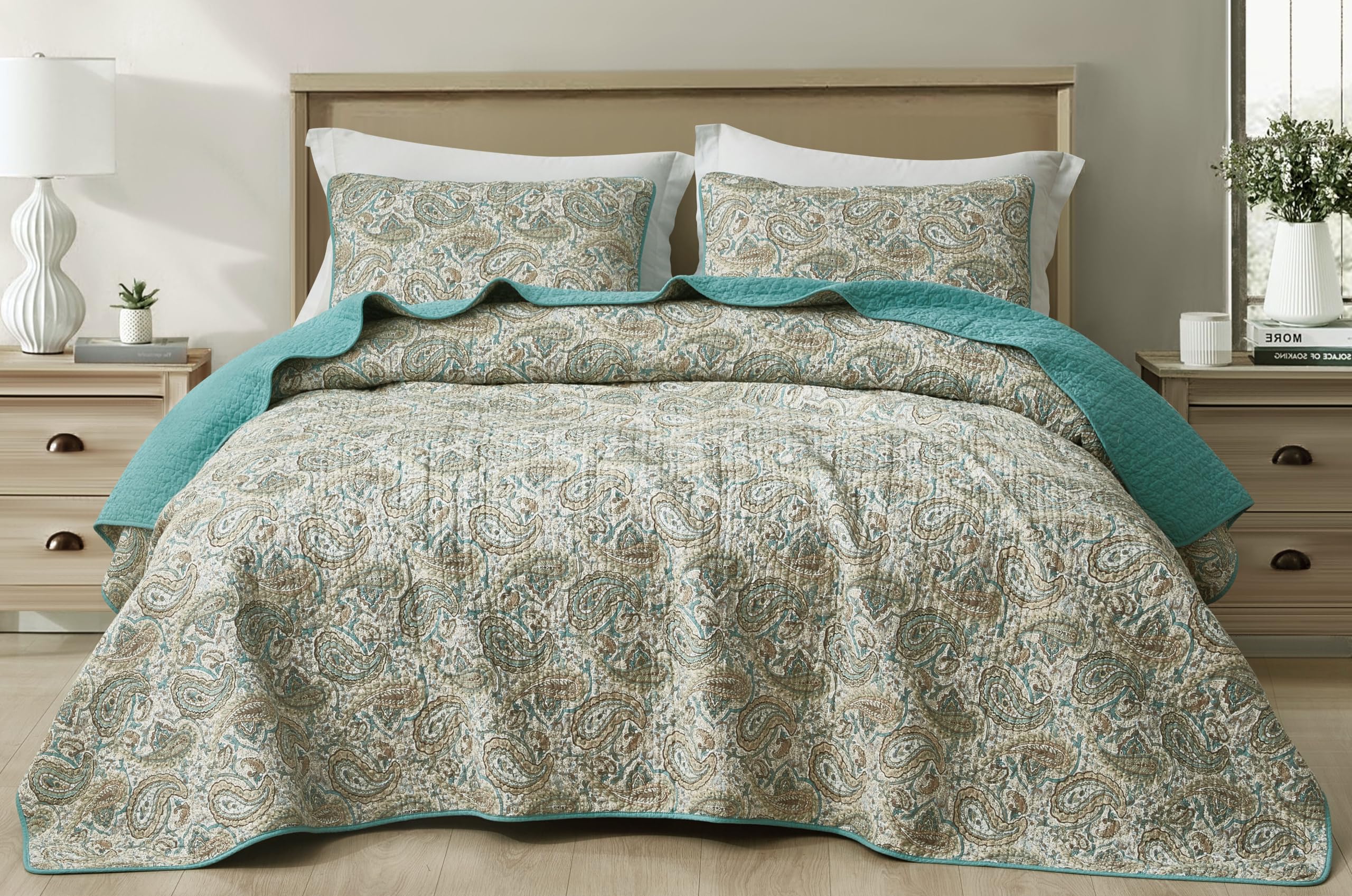 Chezmoi Collection Presley 3-Piece Printed Paisley Floral Cotton Quilt Set Queen Size - Elegant Teal Ivory Brown Paisley Floral
