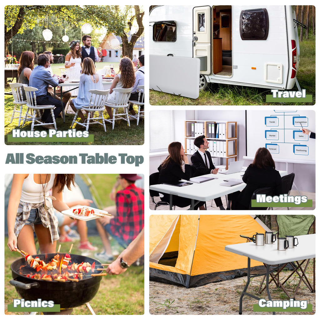 Zeny 8Ft Portable Folding Table Plastic Indoor Outdoor Picnic Party Camp Dining Table With Handle, White