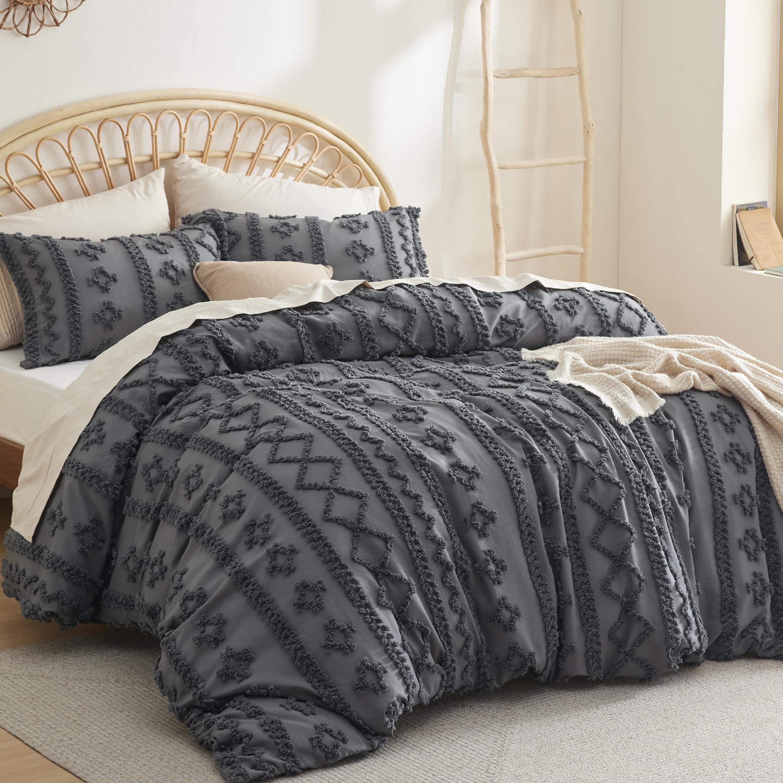 Bedsure Boho Duvet Cover King Size - Tufted Duvet Cover King Size For All Seasons, 3 Pieces Soft Shabby Chic Embroidery Boho Bedding Duvet Cover For Gifts (Dark Grey, King, 104X90)