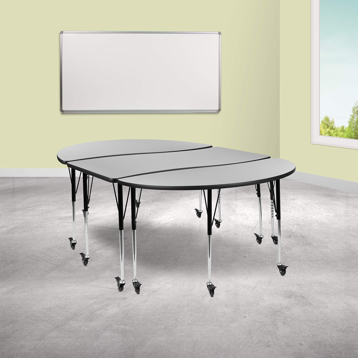 Flash Furniture Emmy 3 Piece Mobile 86&quot; Oval Wave Flexible Grey Thermal Laminate Activity Table Set-Standard Height Adjustable Legs