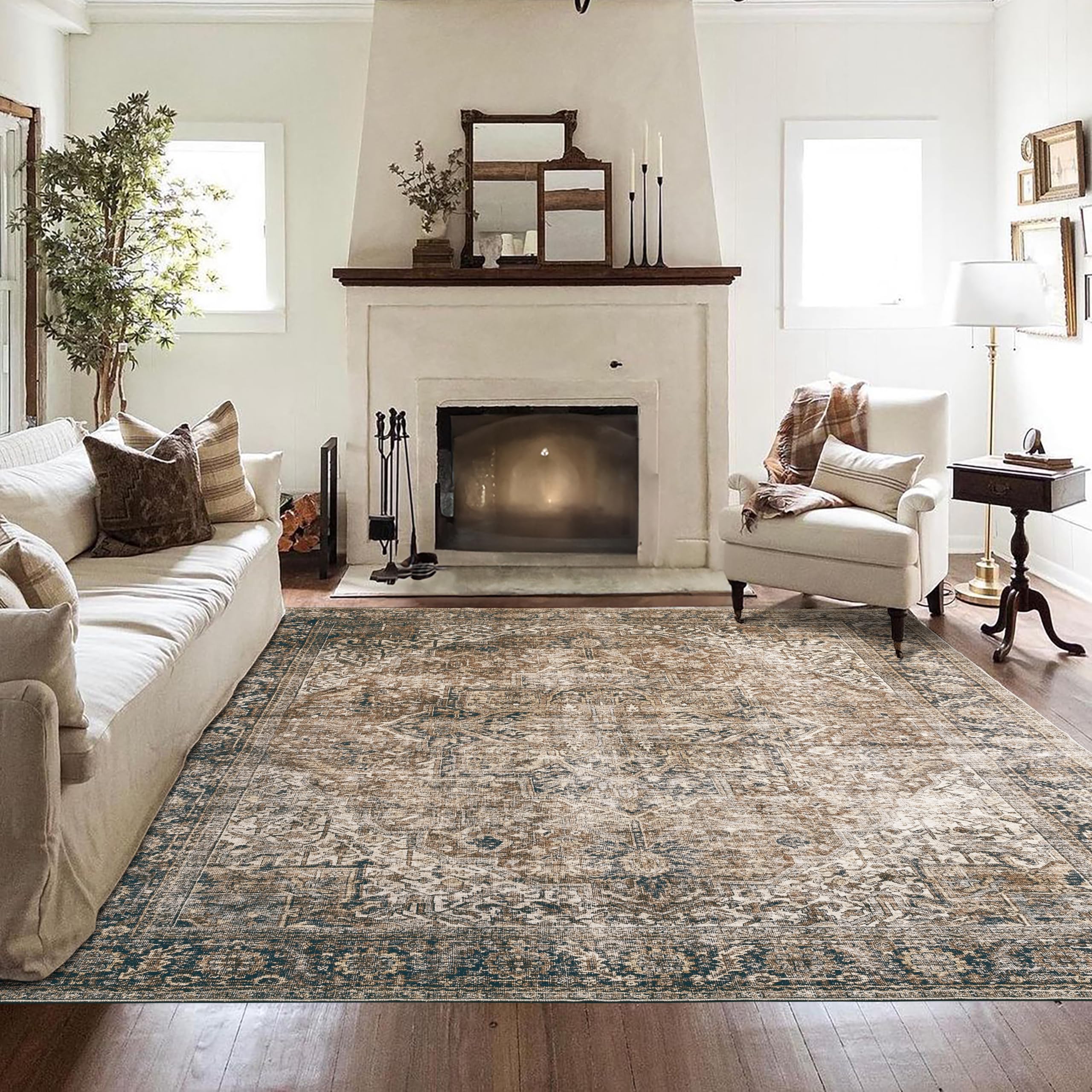 BILEEHOME Dining Room Rugs for Under Table Washable Country Vintage Area Rug for Living Room 6x9,Chocolate Brown