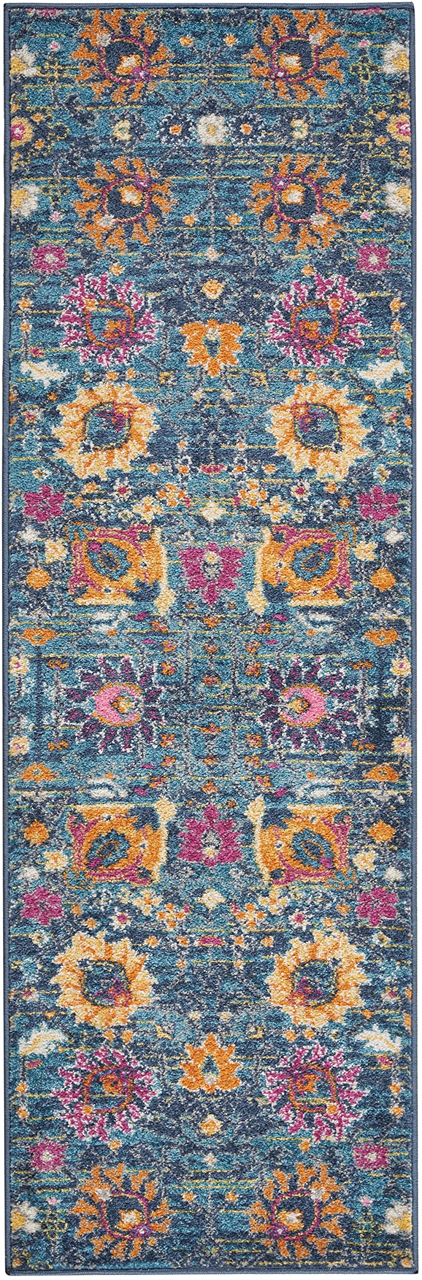 HomeRoots 100% Polypropylene 2' x 6â?? Denim Blue Florals Distressed Runner Rug