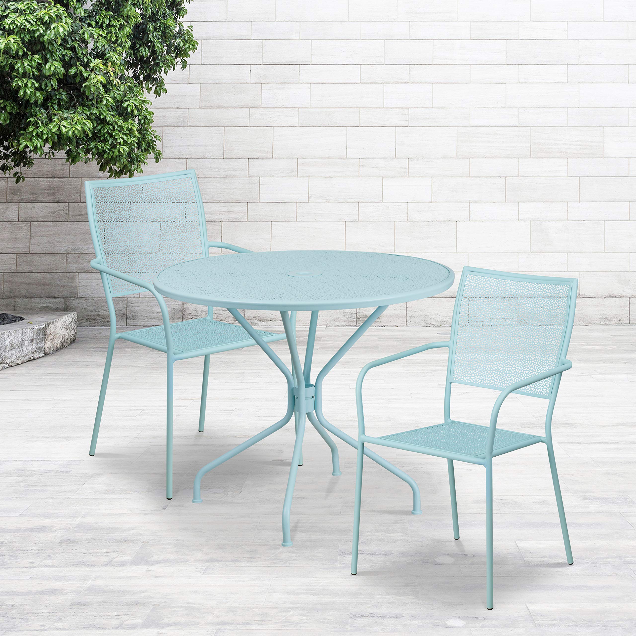 Flash Furniture Commercial Grade 35.25' Round Sky Blue Indoor-Outdoor Steel Patio Table Set With 2 Square Back Chairs