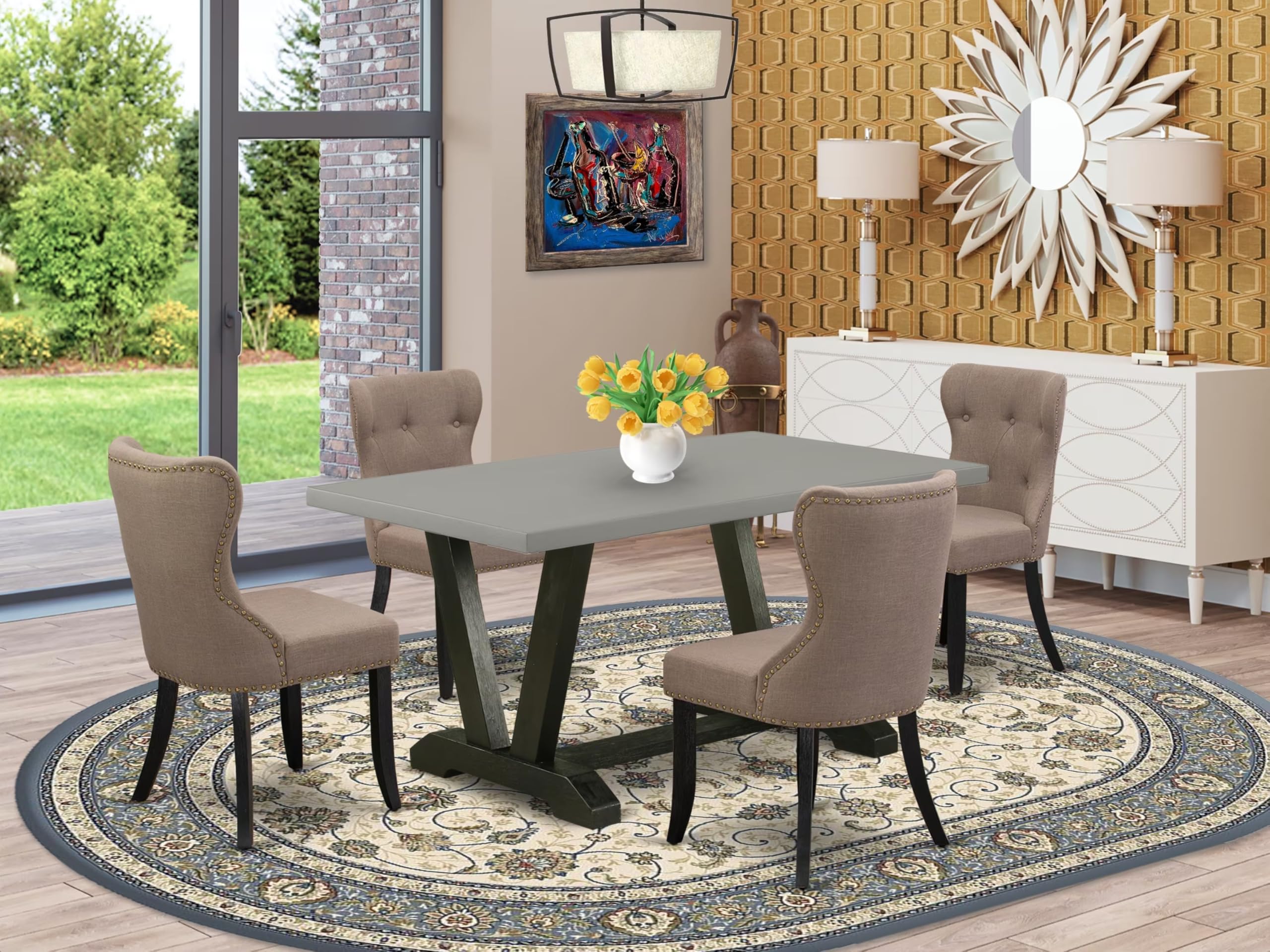 East West Furniture V696Si648-5 5 Piece Dining Table Set For 4 Includes A Rectangle Kitchen Table With V-Legs And 4 Coffee Linen Fabric Upholstered Parson Chairs, 36X60 Inch, Multi-Color