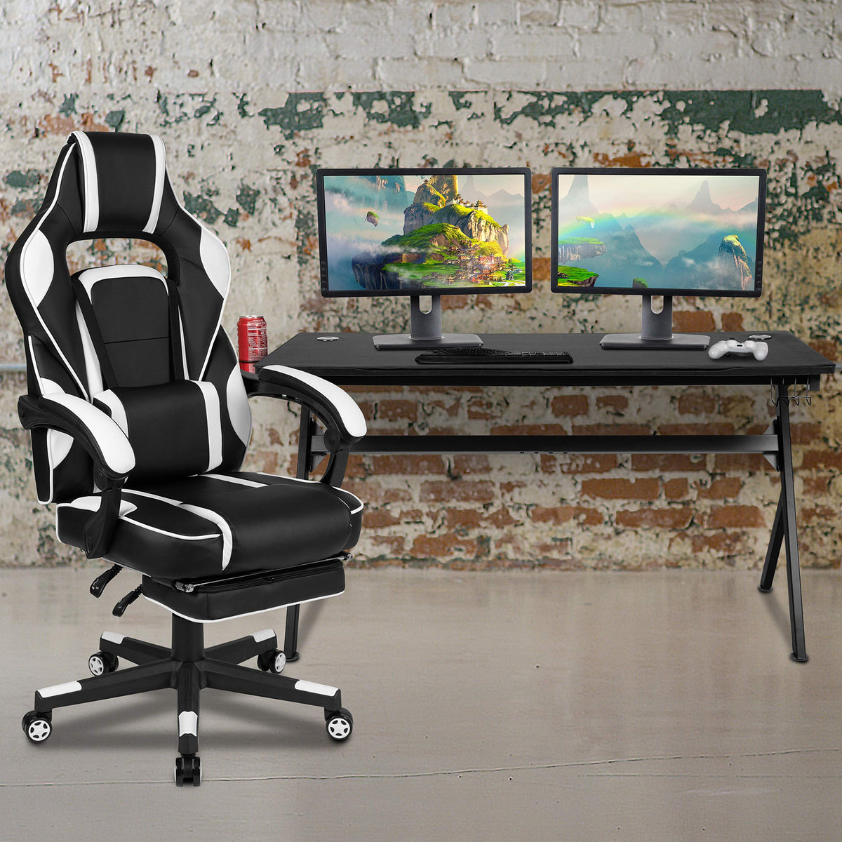 Flash Furniture Optis Gaming Desk With Cup Holder/Headphone Hook/Removable Mousepad Top & White Reclining Back/Arms Gaming Chair With Footrest