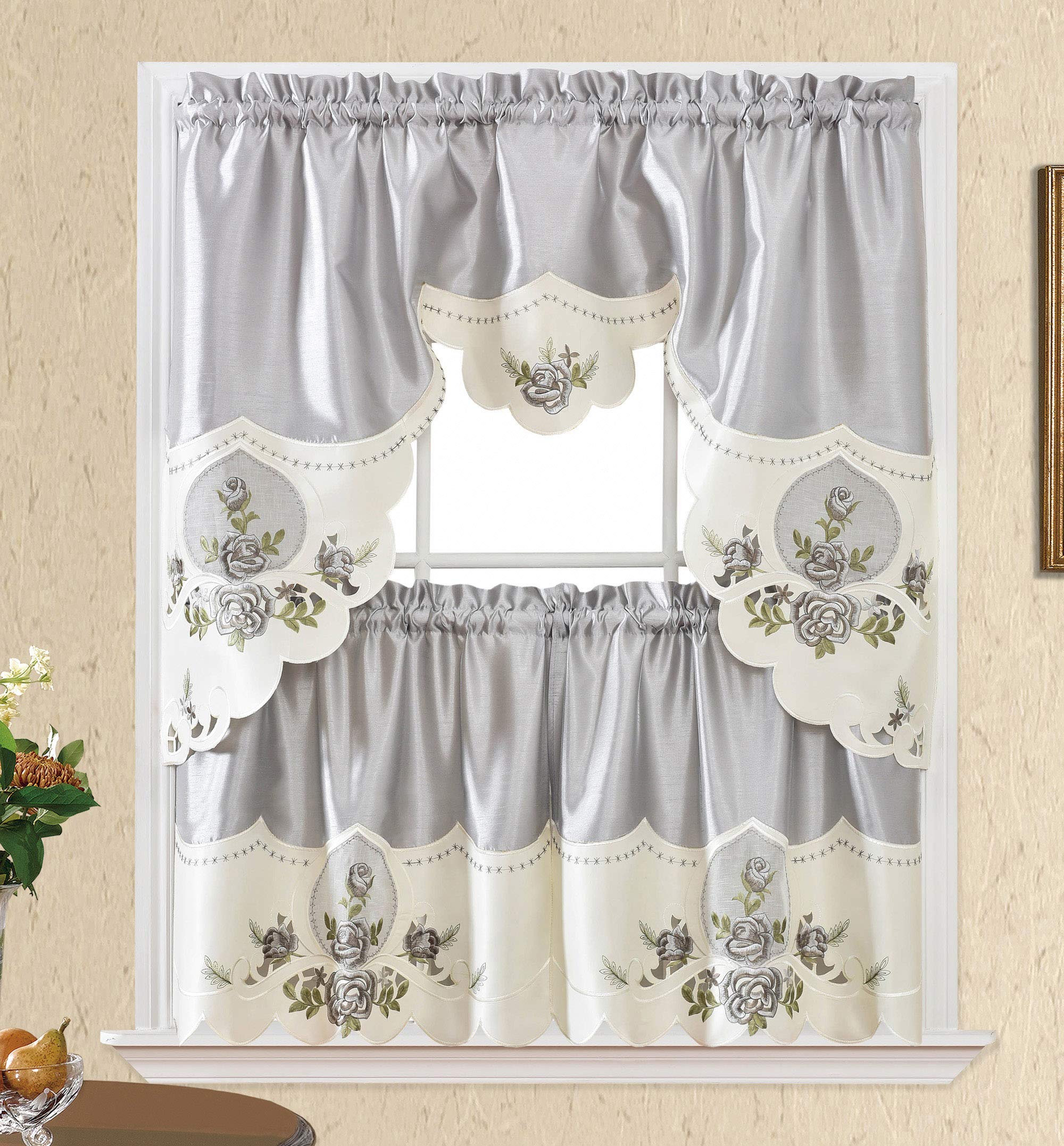 GOHD Rose Melody. 3pcs Kitchen Cafe Curtain Set.Farmhouse Swag and 24 inches Tiers Set for Small Windows. Nice Matching Color Ro