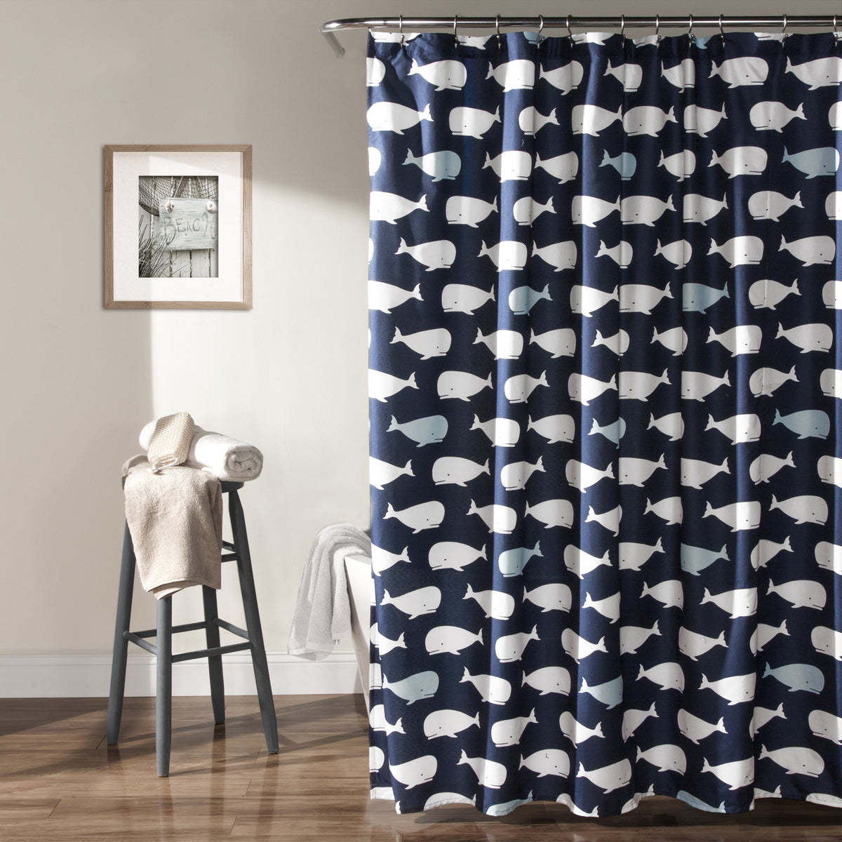 Lush Decor Whale Shower Curtain - Fabric Ocean Fish Animal Print Design For Kids, 72' X 72', Navy