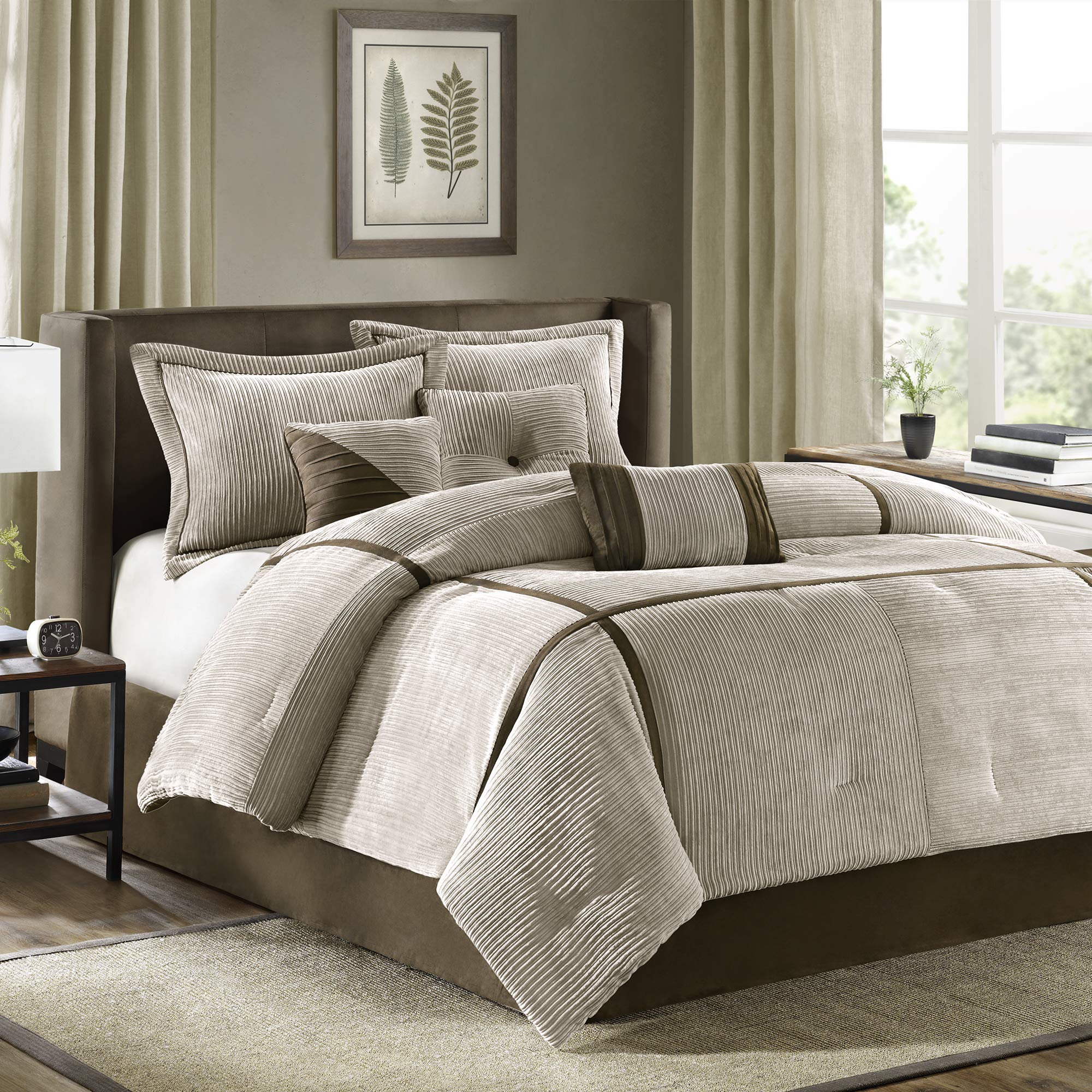 Madison Park Cozy Comforter Set Casual Blocks Design All Season, Matching Bed Skirt, Decorative Pillows, King (104 In X 92 In), Dallas Taupe/Brown, 7 Piece