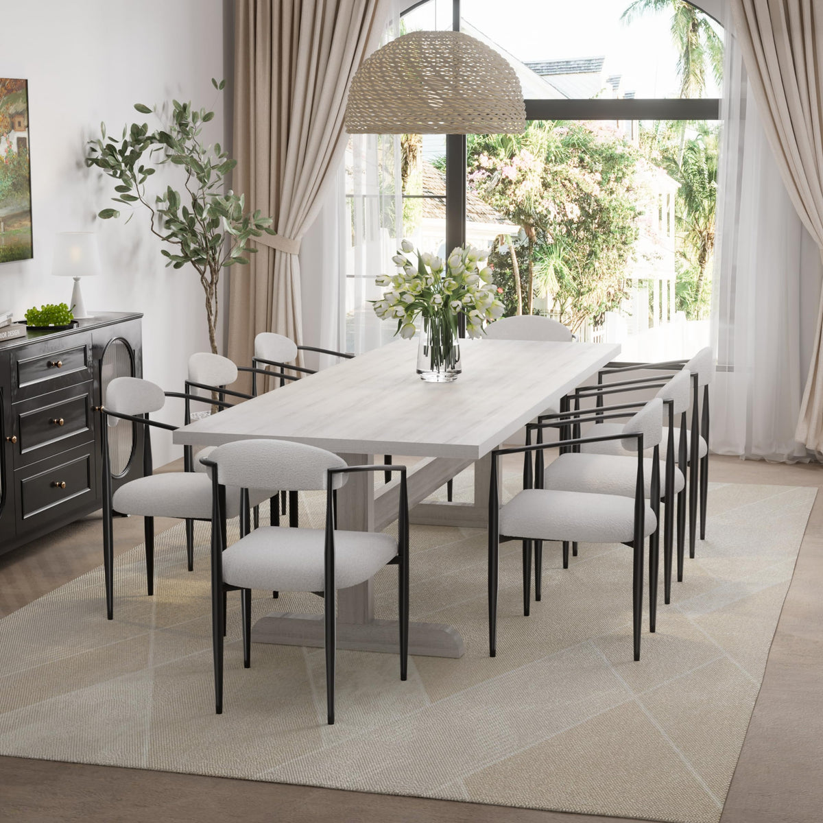 Baysitone White Dining Chairs Set Of 6 Round Upholstered Boucle Dining Room Chairs With Arms Mid-Century Modern Kitchen Chairs C