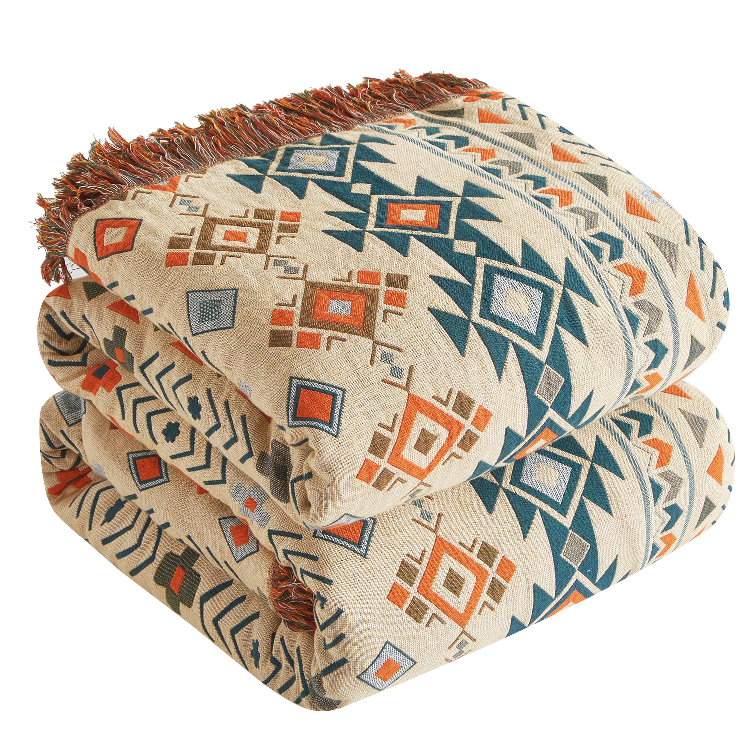Boho Throw Blanket for Bed 80   x90   , 100% Cotton Woven Blanket for Couch Sofa, Ultra Soft 4-Layer Muslin Quilt with Diamond P