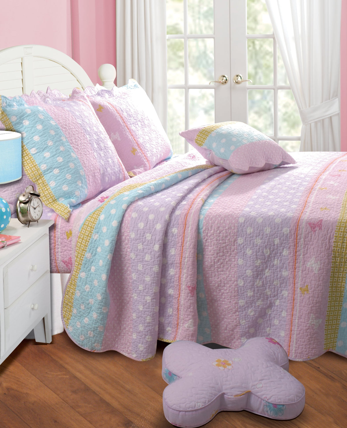Greenland Home Polka Dot Stripe Quilt Set, Queen, Pink