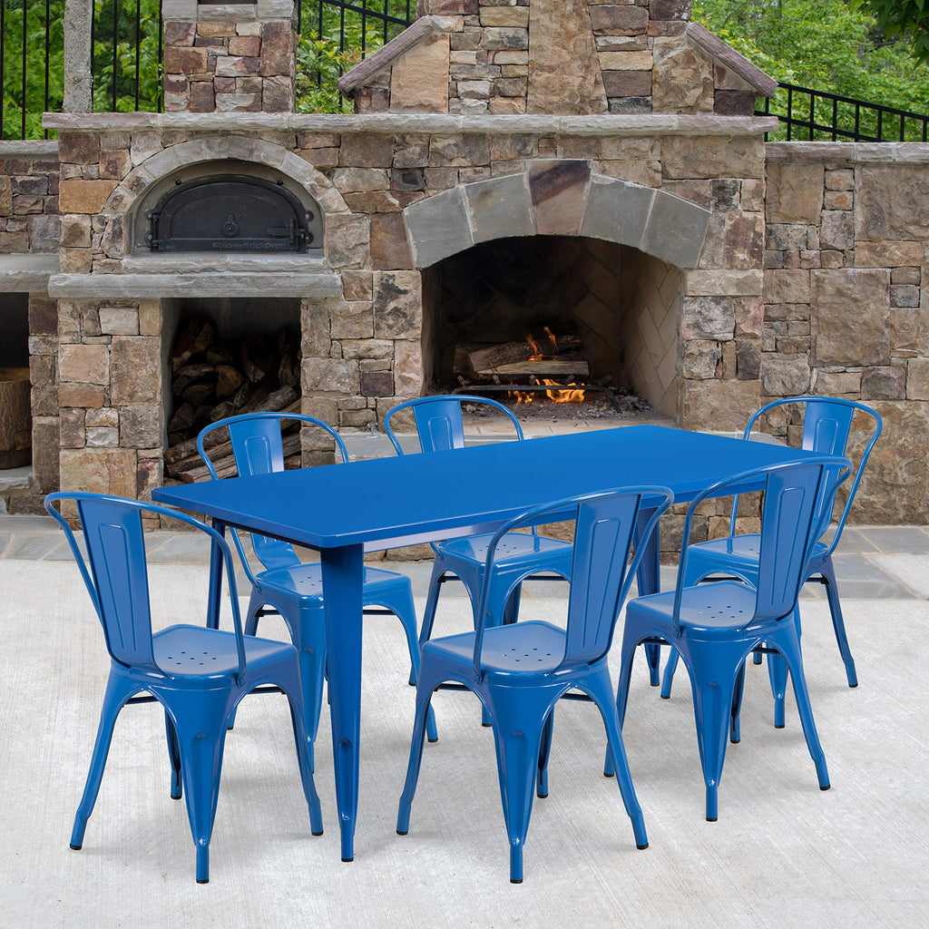 Flash Furniture Commercial Grade 31.5" x 63" Rectangular Blue Metal Indoor-Outdoor Table Set with 6 Stack Chairs