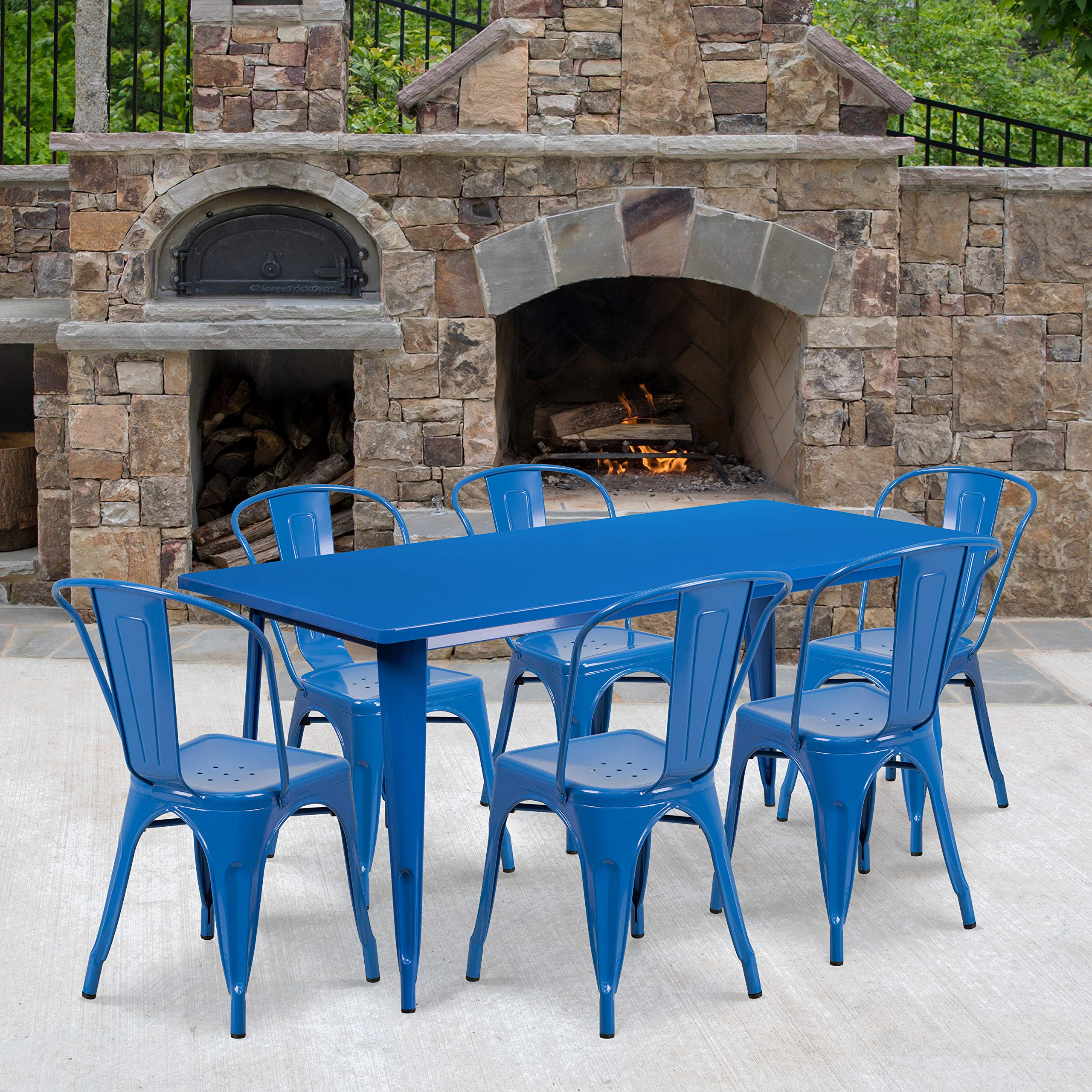 Flash Furniture Commercial Grade 31.5" x 63" Rectangular Blue Metal Indoor-Outdoor Table Set with 6 Stack Chairs