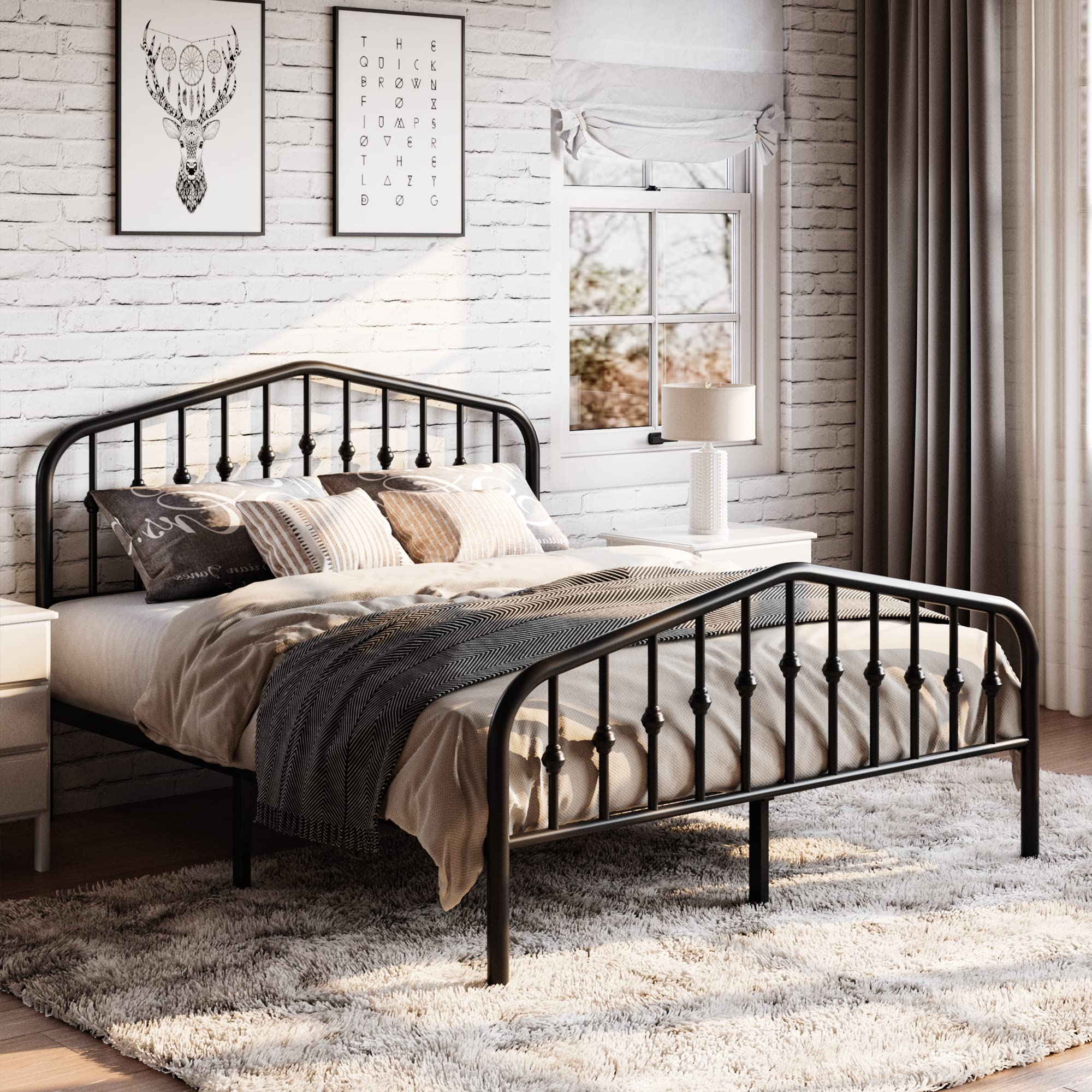 Sha Cerlin Queen Size Metal Platform Bed Frame With Victorian Style Wrought Iron-Art Headboard/Footboard, No Box Spring Required, Black