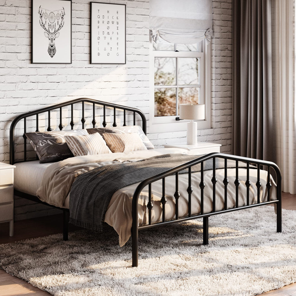 Sha Cerlin Full Size Metal Platform Bed Frame With Victorian Style Wrought Iron-Art Headboard/Footboard, No Box Spring Required, Black