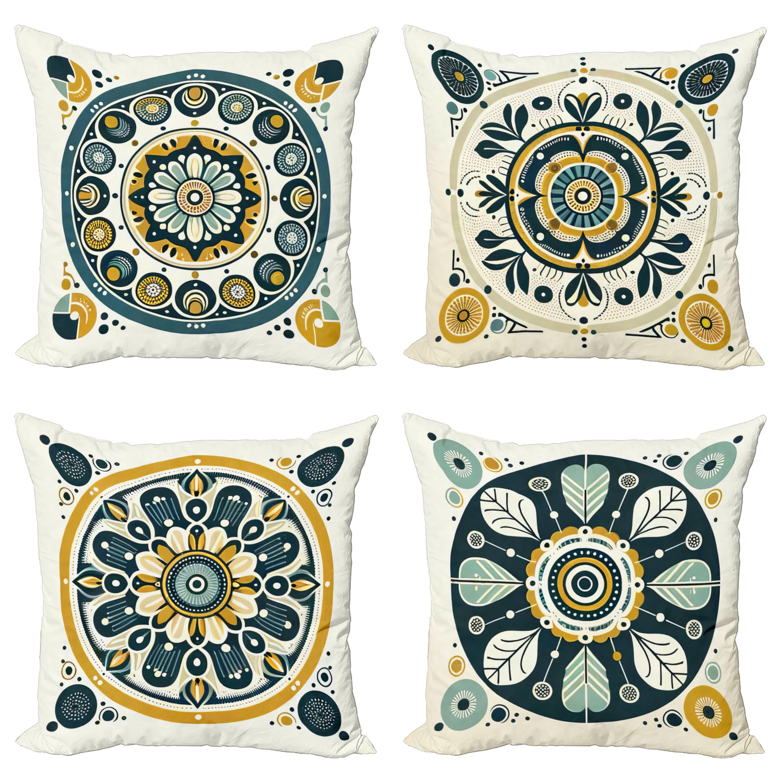 Ambesonne Mandala Throw Pillow Cushion Cover Set Of 4, Mosaic Style Flowery Details Circles Bohemian Folk Style Print, Decorativ