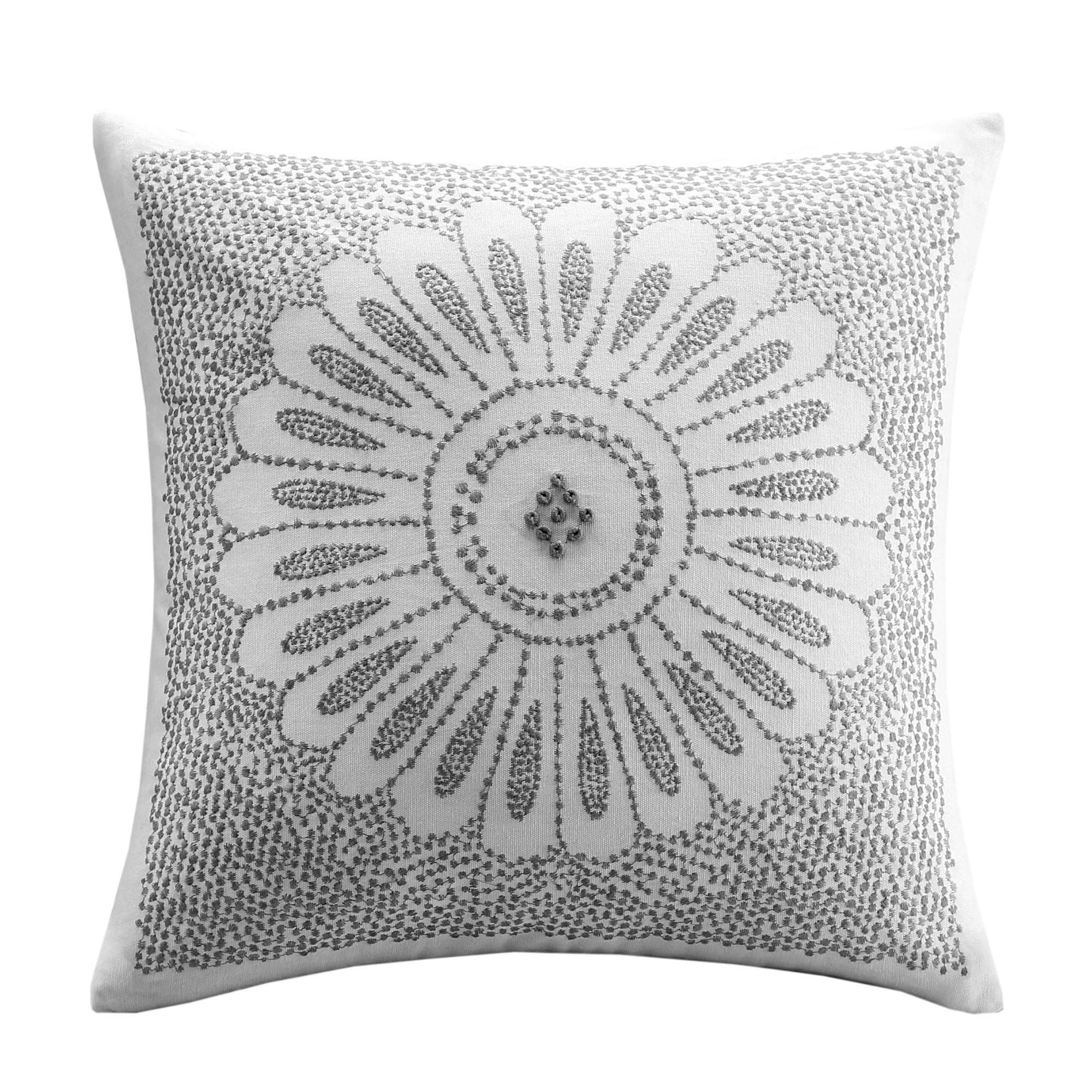 Ink+Ivy Sofia Mid Century Modern Cotton Square Decorative Pillow Sofa Cushion Lumbar, Back Support, 20'X 20', Medallion Embroidery Grey