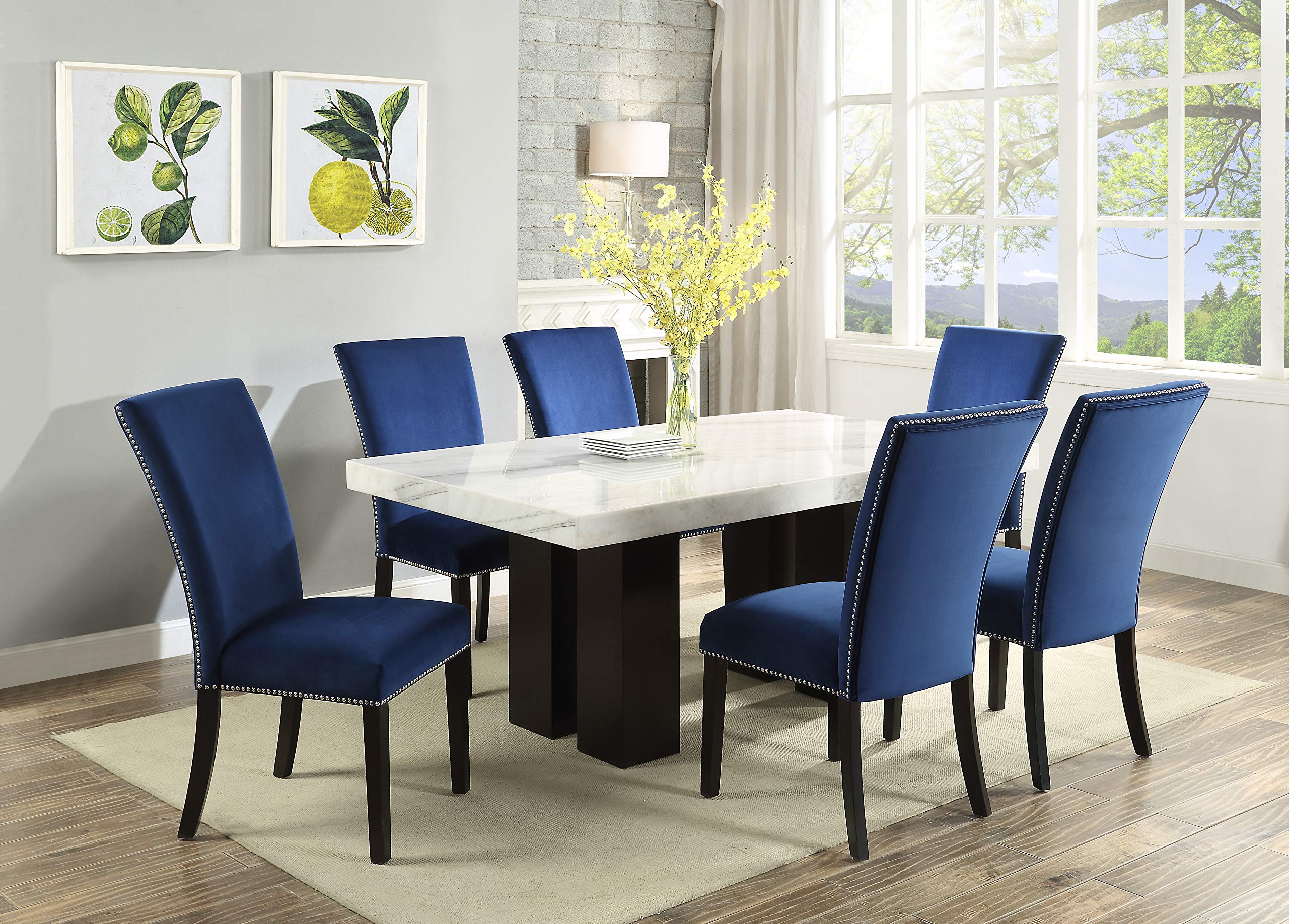 Steve Silver Company Camila 7-Piece Modern Rectanglular Marble Top Dining Set with 4 Wide Espresso Legs, Velvet Upholstered Chairs, Comfortable Footrest, in White & Blue Finish