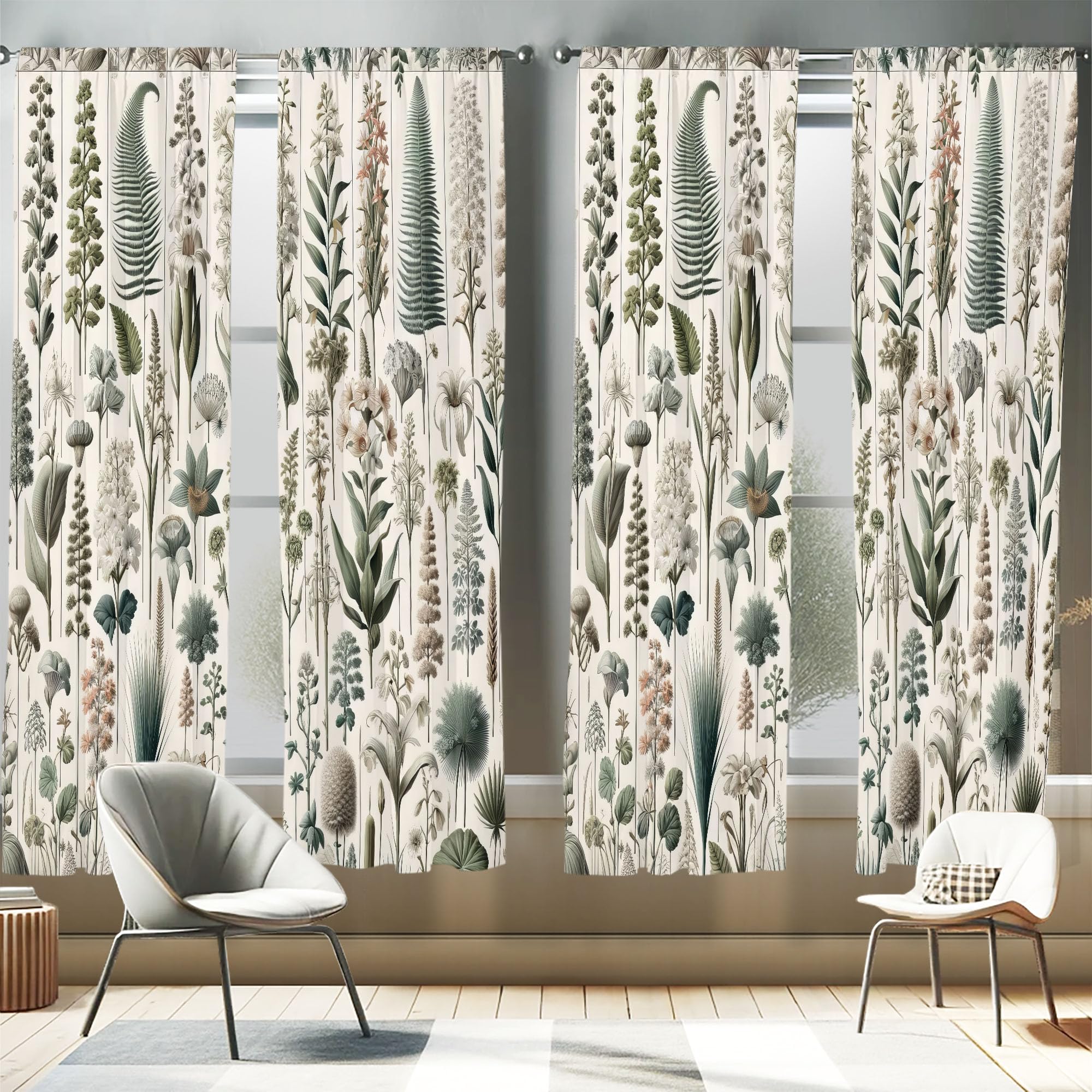Ambesonne Neutral Window Curtains Pack of 2, Exotic Botanical Illustration of Leaves Pastel Tones Ferns and Palms, Lightweight S