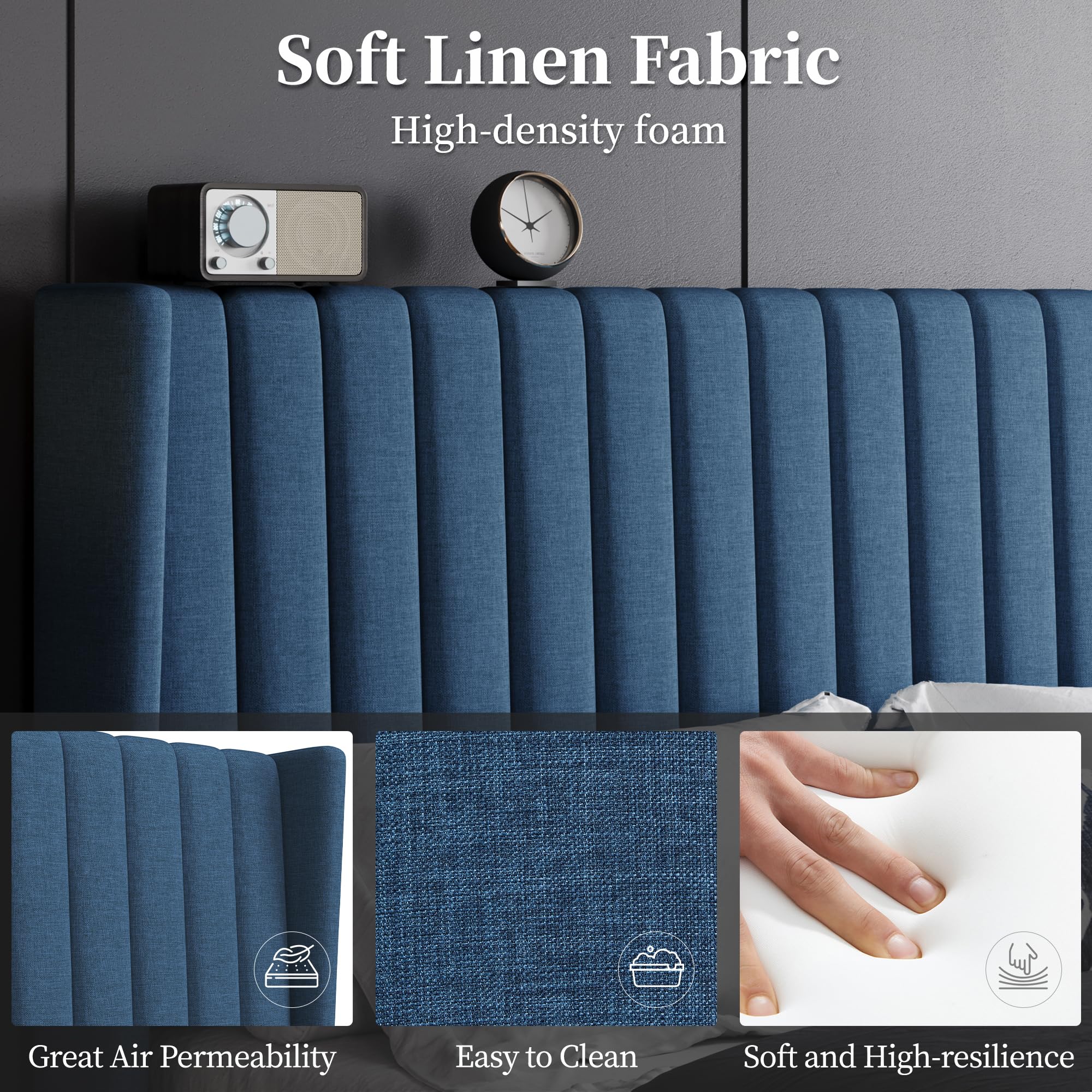 Yaheetech Queen Bed Frame Upholstered Platform Bed With Fabric Headboard, Wing Edge Design/Non-Slip And Noise-Free/Wooden Slats Support/No Box Spring Needed/Easy Assembly, Navy Blue Queen Bed