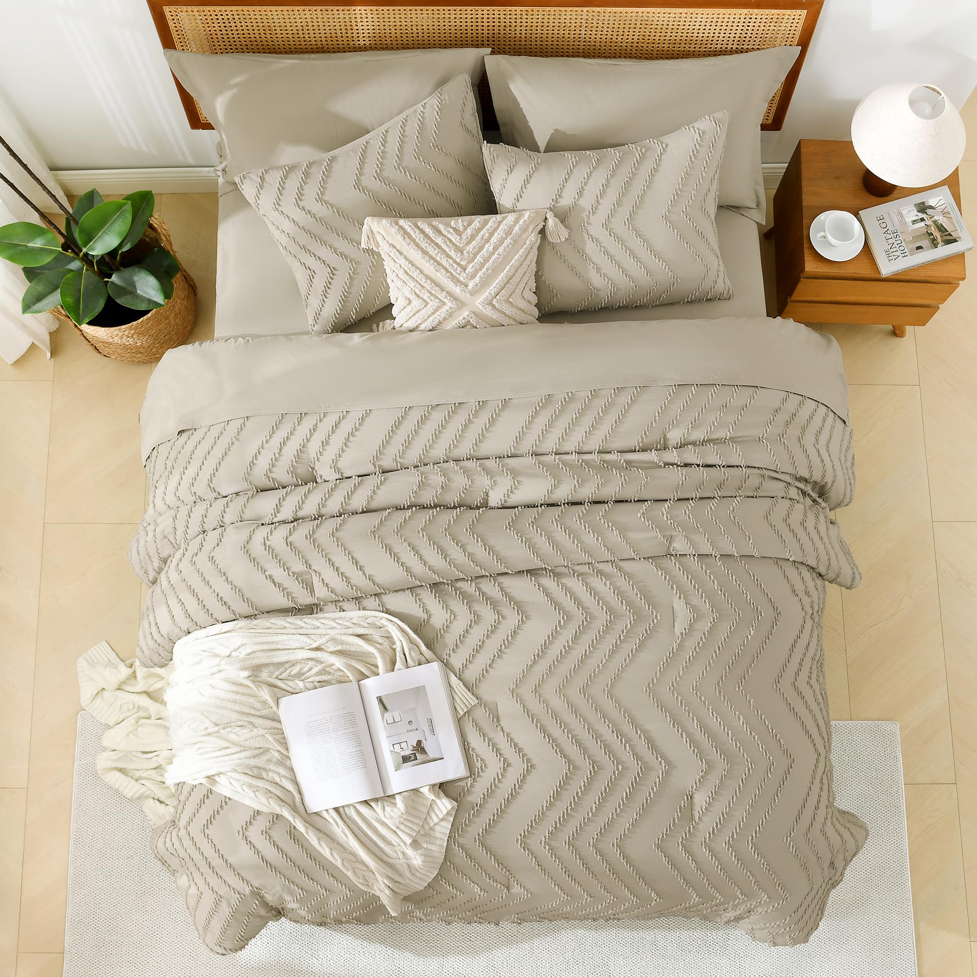 Litanika Light Hazel Queen Size Comforter Set With Sheets - 7 Pieces Bed In A Bag Queen Boho Tufted Complete Beddding Sets With