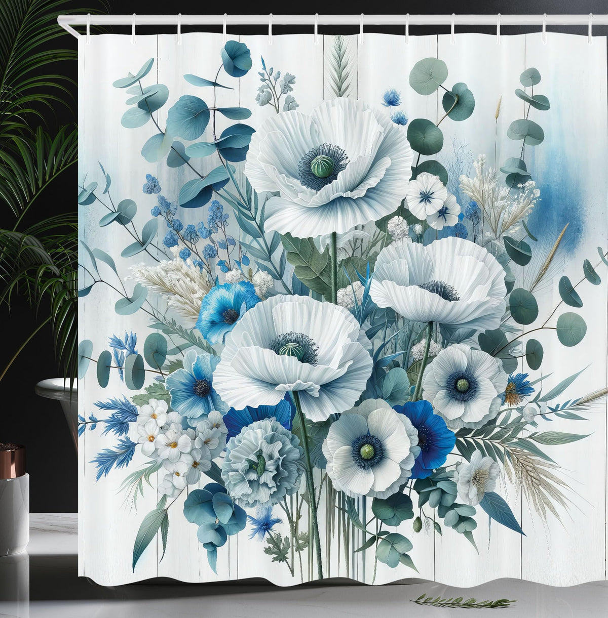 Ambesonne Blue Shower Curtain, Blooming Poppies with Dramatic Eucalyptus Leaves Botanical Style Print, Cloth Fabric Bathroom Dec