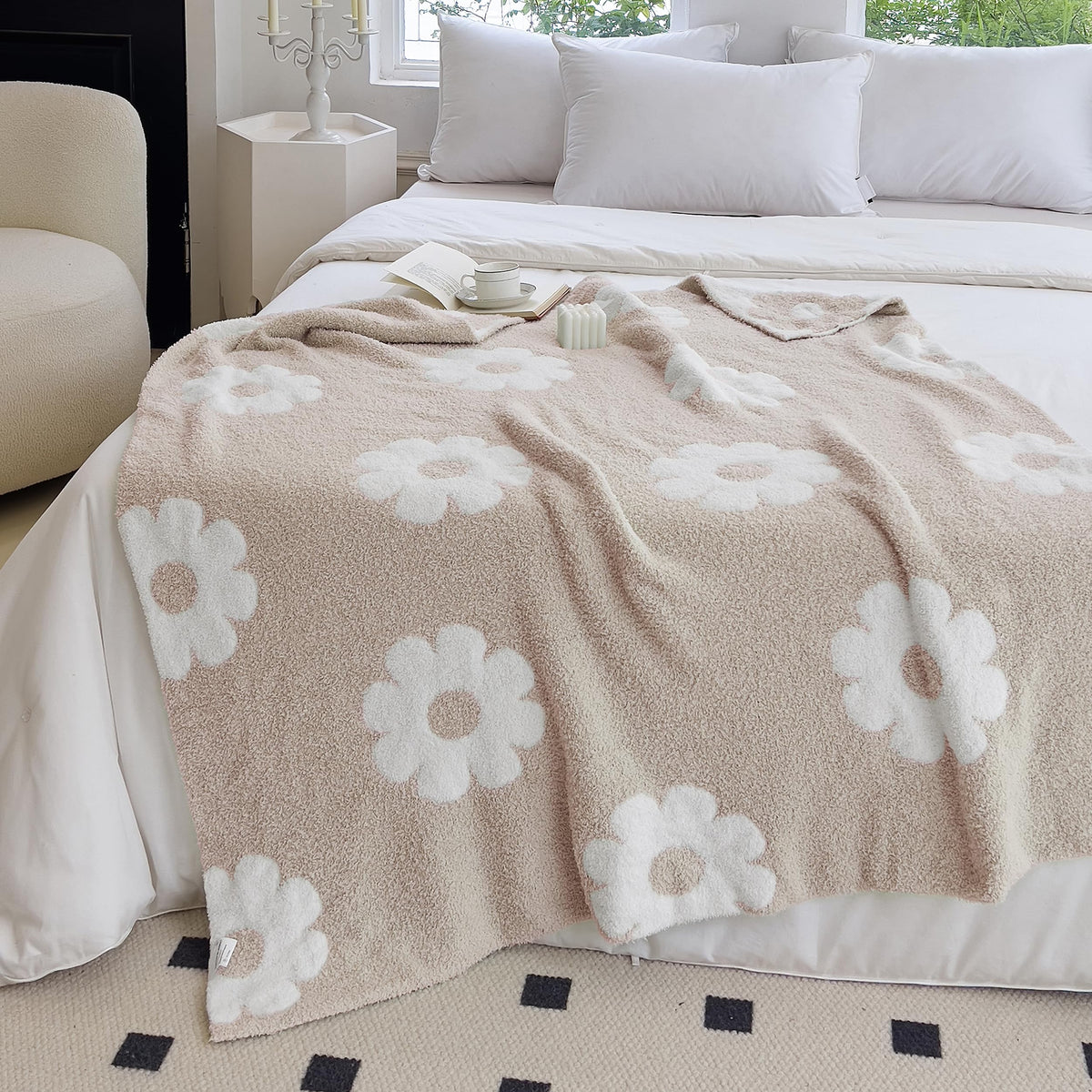 Niditw Ultra Soft Cozy Green Plants Sunflower Light Khaki Throw Blanket Microfiber Flowers Daisy Knitted Blanket Lightweight Flu