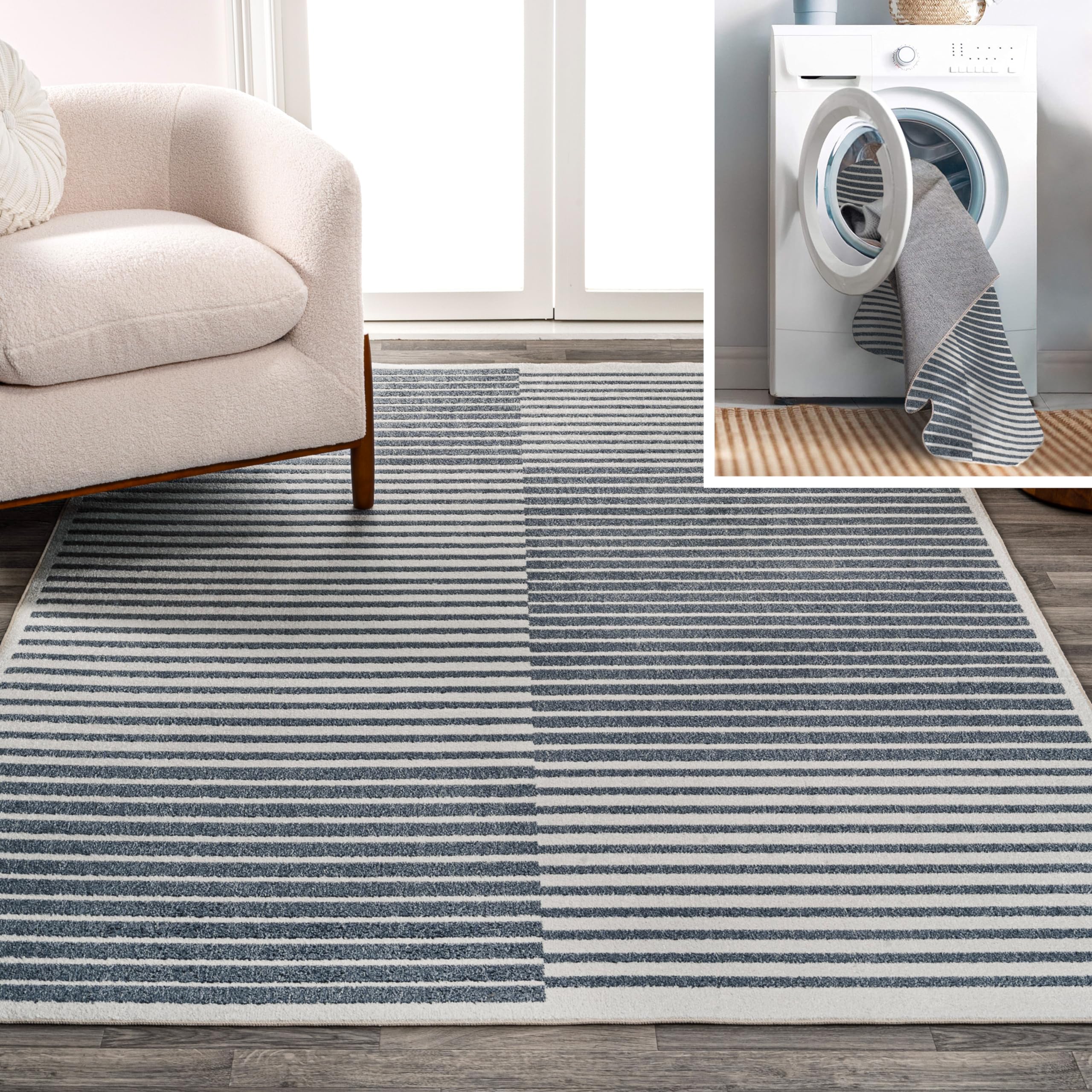 JONATHAN Y WSH305A-4 Shutter Minimalist Striped Plaid Machine-Washable Area Rug, Casual, Coastal, Modern, Contemporary for Livin