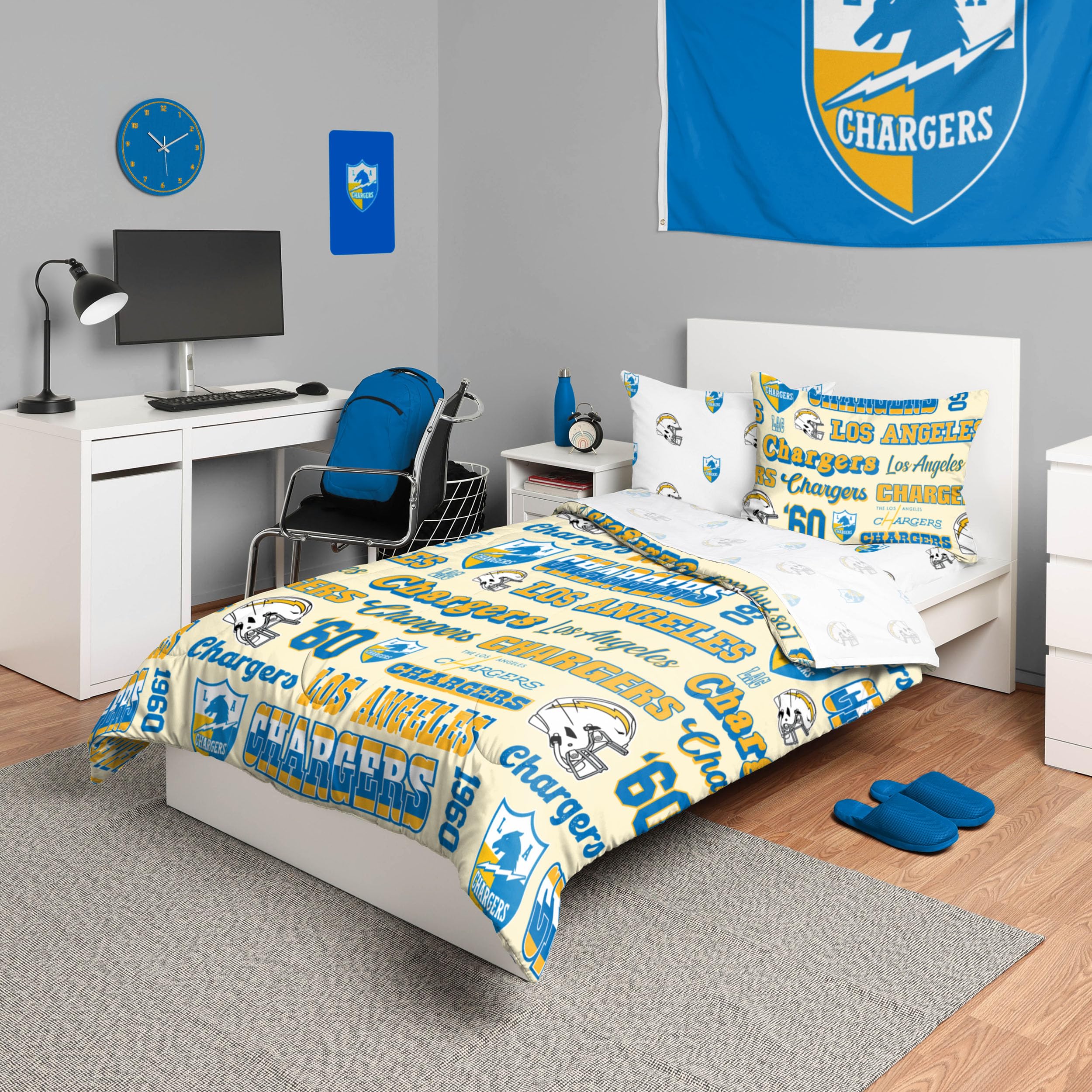 Foco Los Angeles Chargers Nfl Retro Bed In A Bag Comforter Bedding 5 Piece Full Set