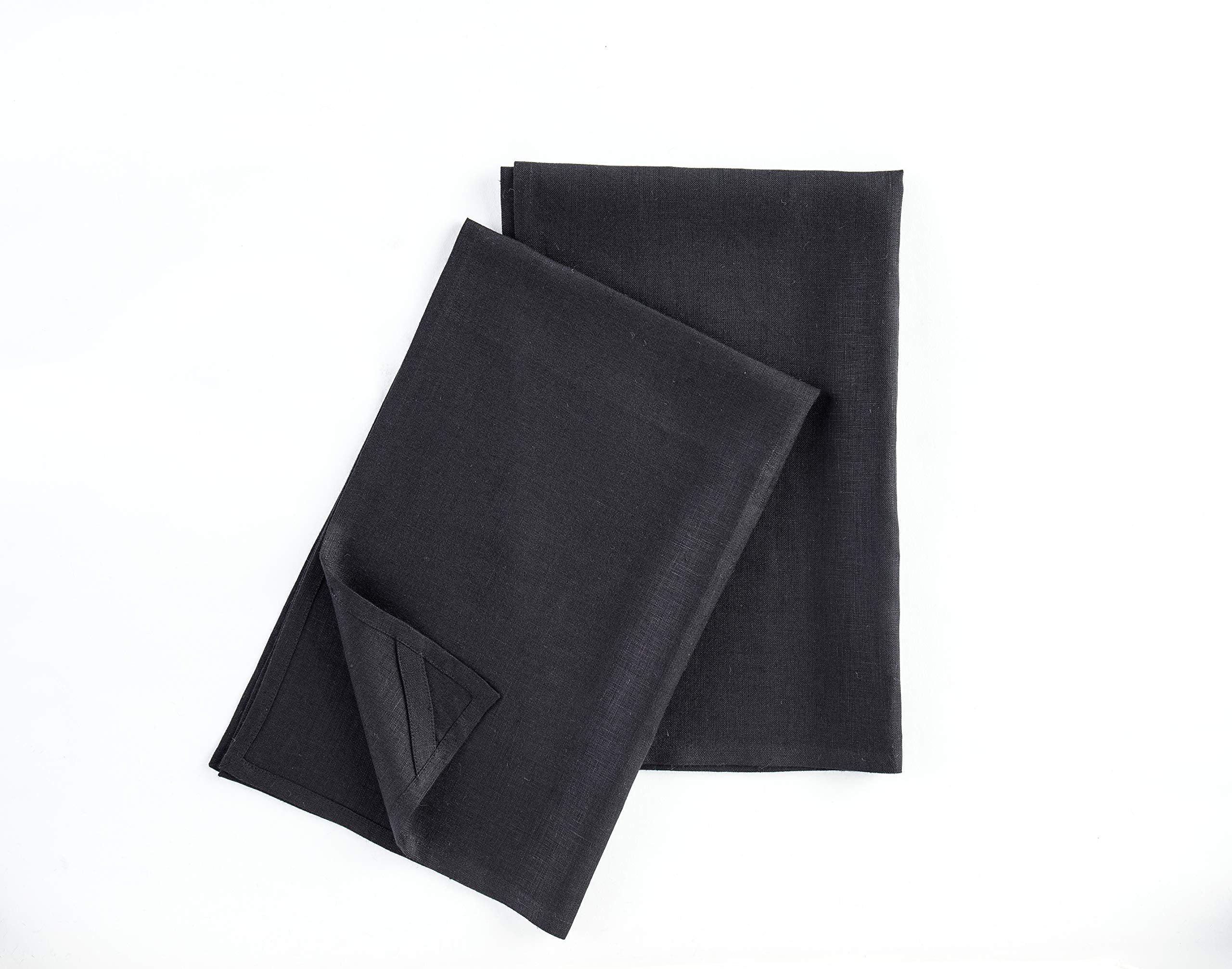 Solino Home Linen Kitchen Towels Set of 2 - Black 17 x 26 Inch - 100% Pure Linen Kitchen/Tea Towels - Machine Washable and Handc