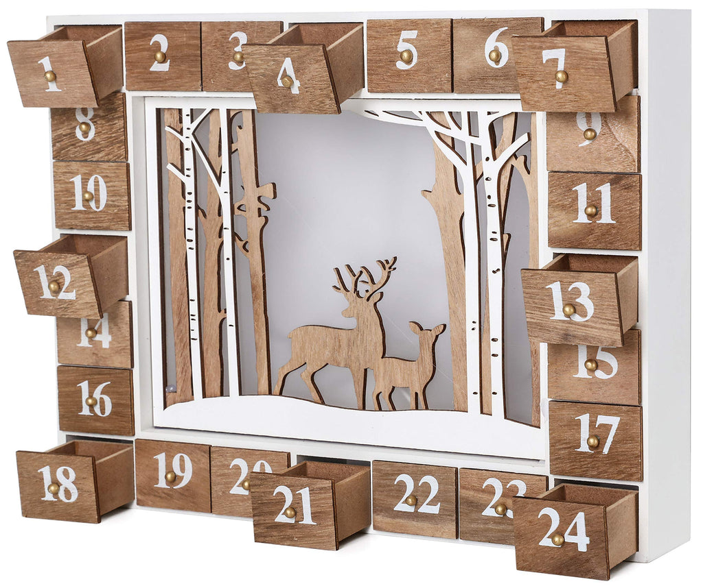 Brubaker Reusable Wooden Advent Calendar To Fill - White Winter Landscape With Led Lighting - Diy Christmas Calendar 13.98 X 2.3