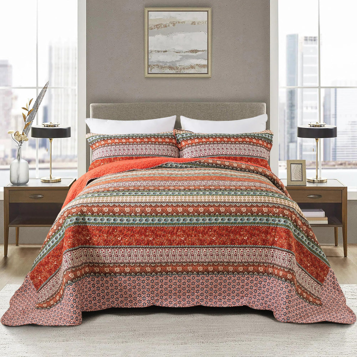 Newlake Cotton Bedspread Quilt Sets - Reversible Patchwork Coverlet Set, Red Striped Jacquard Pattern, California King Size