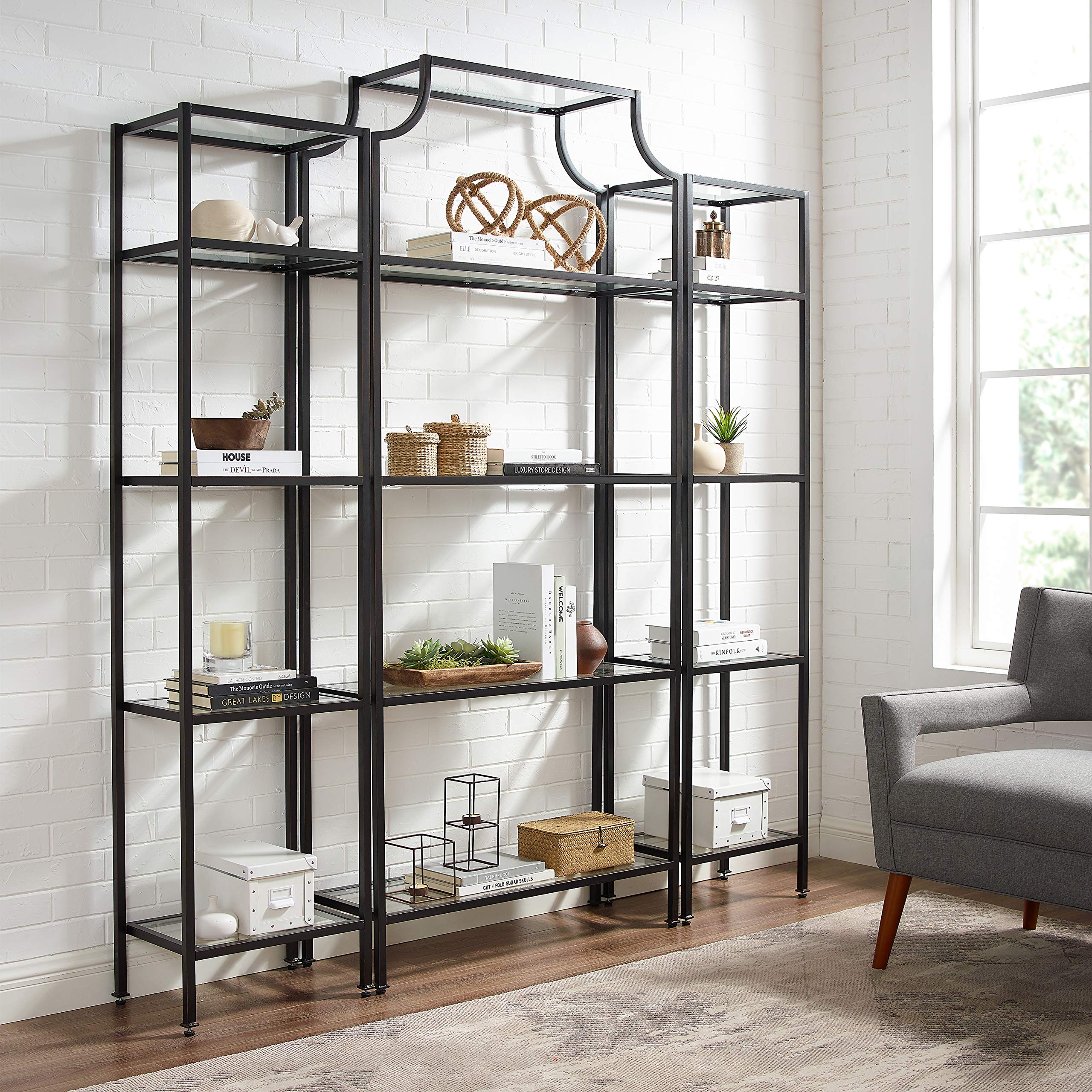 Crosley Furniture Aimee 3-Piece Bookshelf Set with Glass Shelves, Bookcase Storage, Oil-Rubbed Bronze
