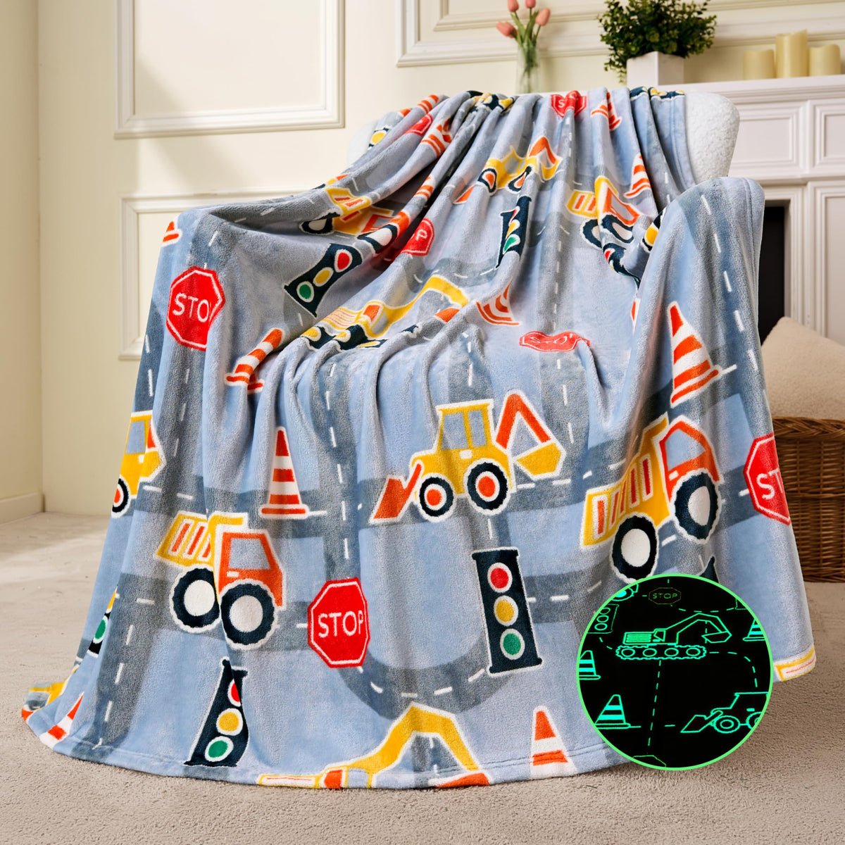 Joiedomi Glow In The Dark Blanket - Construction Gifts For Girls Boys Age 2 3 4 5 6 7 8 9 10 11 12 Year Old - Soft Cozy Flannel