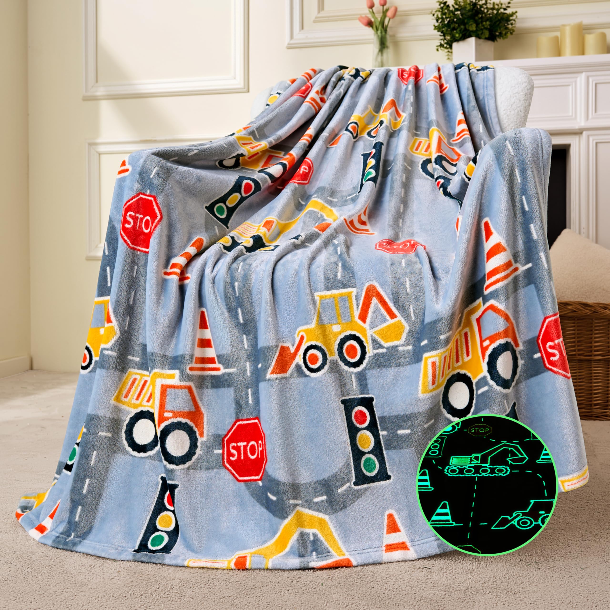 Joiedomi Glow In The Dark Blanket - Construction Gifts For Girls Boys Age 2 3 4 5 6 7 8 9 10 11 12 Year Old - Soft Cozy Flannel