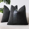 Sinyasan 18'X18' Charcoal Black Boucle Throw Pillow Covers With Faux Leather Accents Set Of 2 Fluffy Textured Decorative Pillo