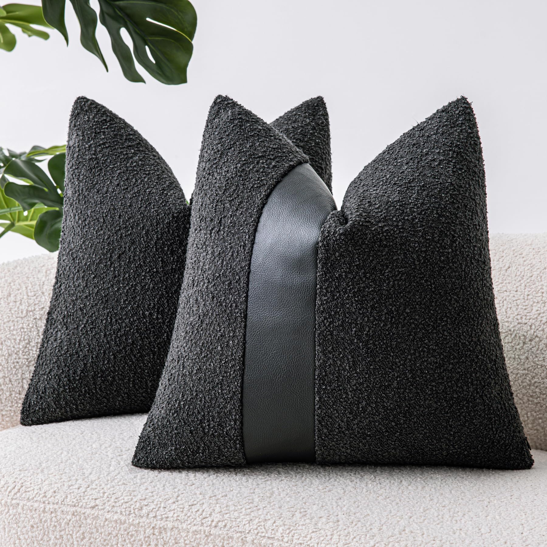 Sinyasan 18'X18' Charcoal Black Boucle Throw Pillow Covers With Faux Leather Accents Set Of 2 Fluffy Textured Decorative Pillo