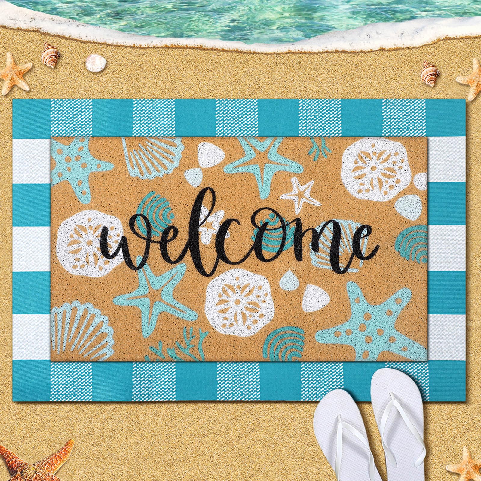 Tinideya 2 Pcs Summer Door Mat Coastal Beach Welcome Non Slip Coir Mats Sea Style Starfish Seashells Ocean Buffalo Plaid Floor L