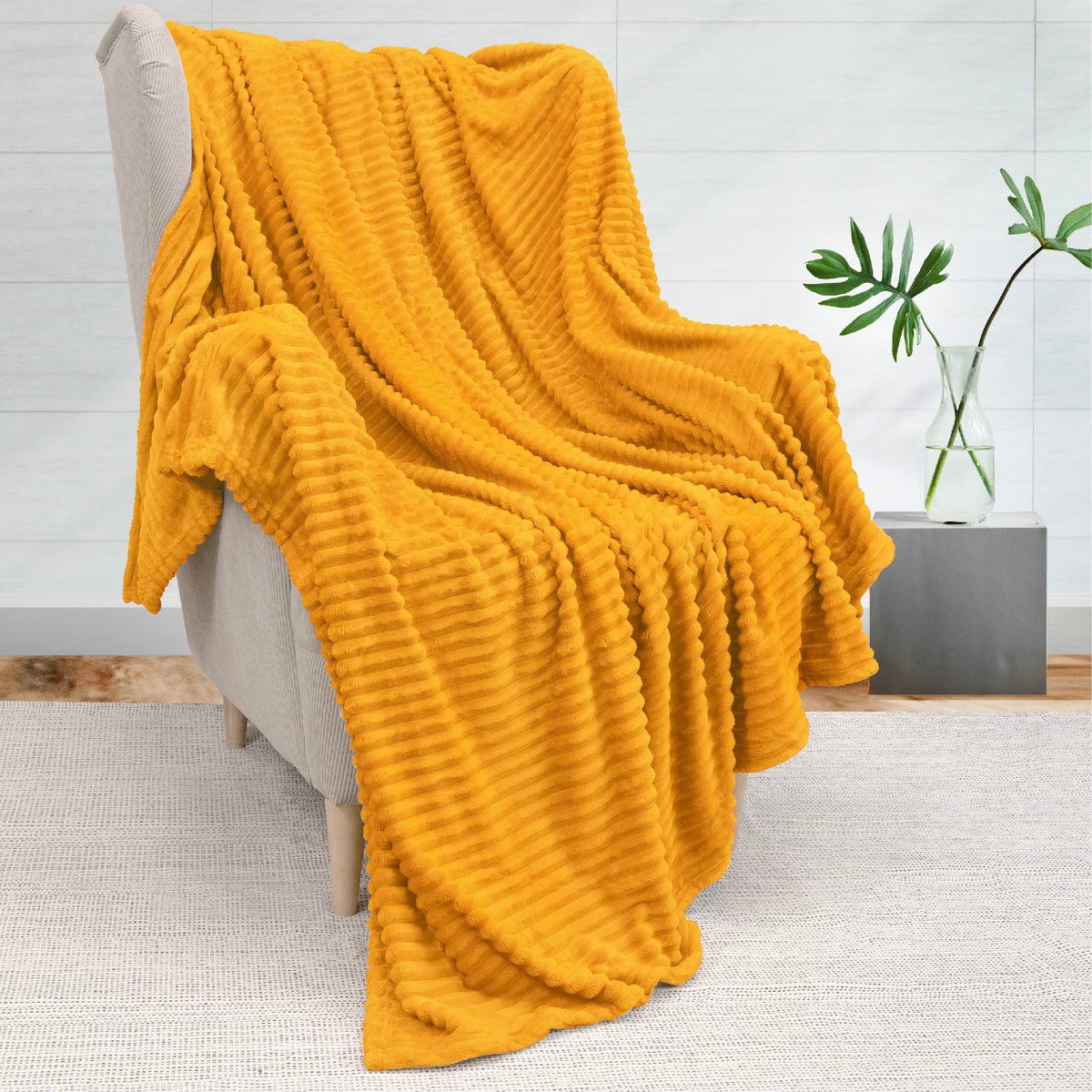 Pavilia Super Soft Fleece Throw Blanket Yellow Mustard, Luxury Fuzzy Plush Flannel Throw, Warm Cozy Ribbed Microfiber Blanket Fo