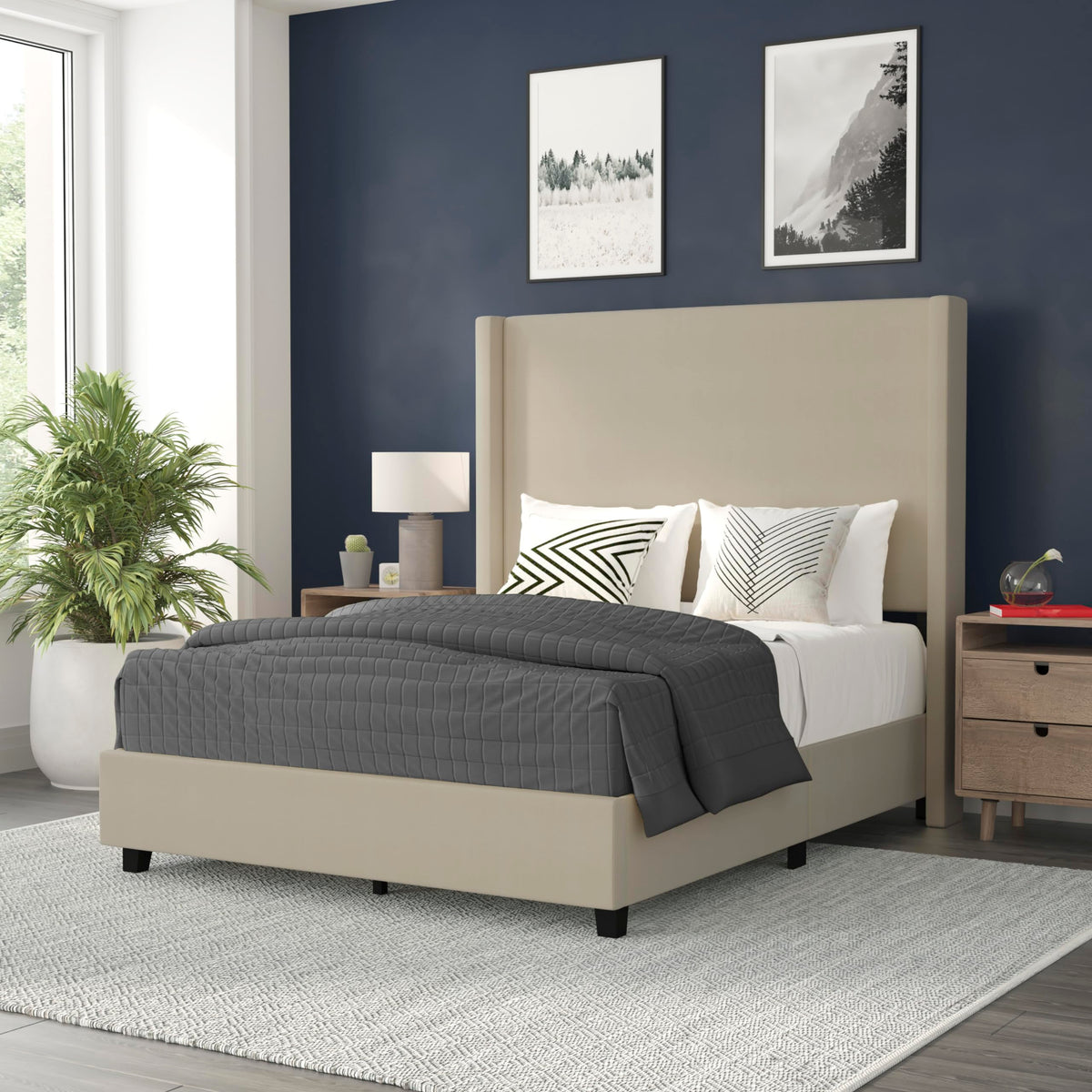 Flash Furniture Quinn Upholstered Platform Bed - Beige Channel Stitched Wingback Headboard - Full - Mattress Foundation with Slatted Supports - No Box Spring Needed