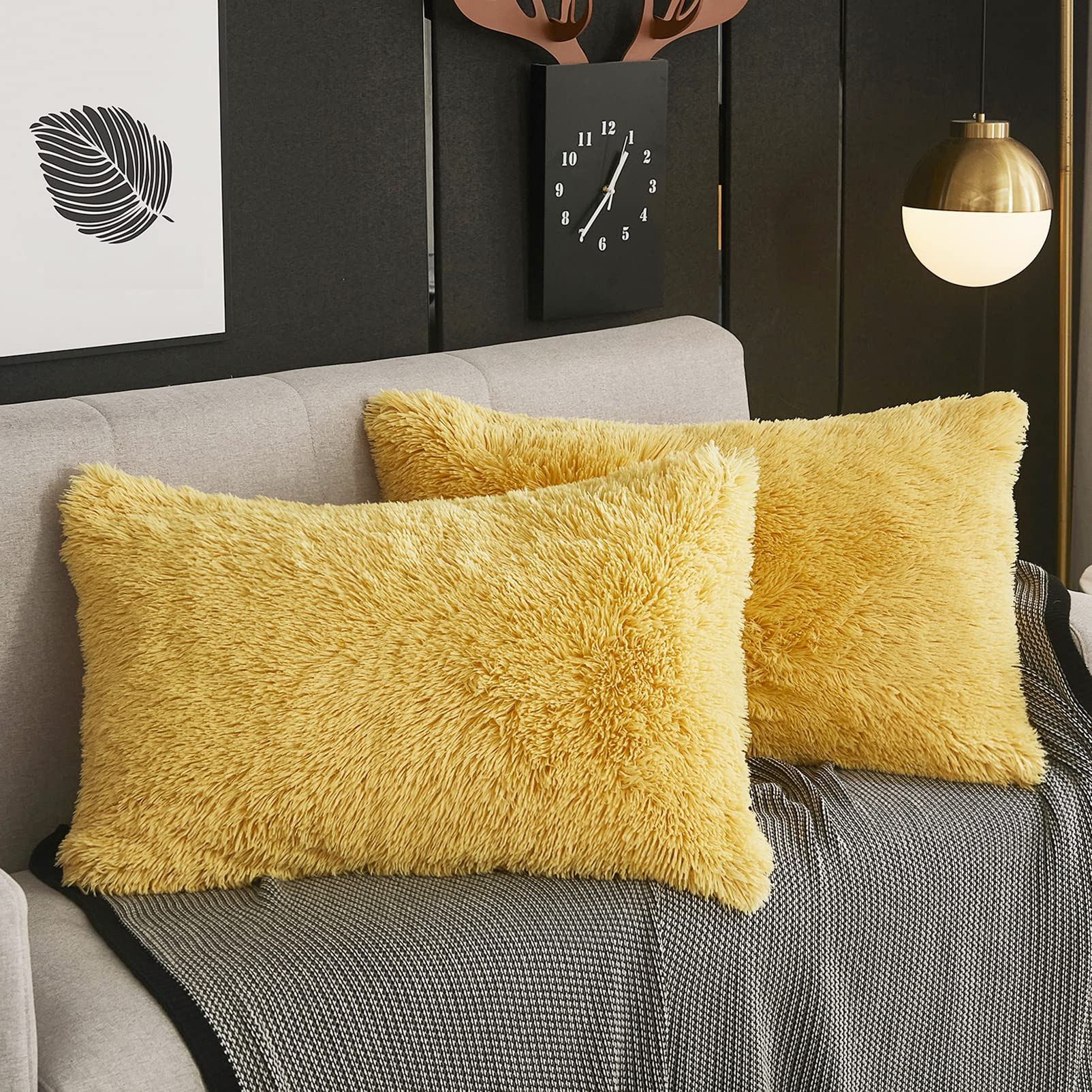 Werdim Shaggy Fluffy Faux Fur Pillowcases 2 Pack Button Closure Velvet Pillow Shams King Size (Yellow, 20 X 36 Inches)