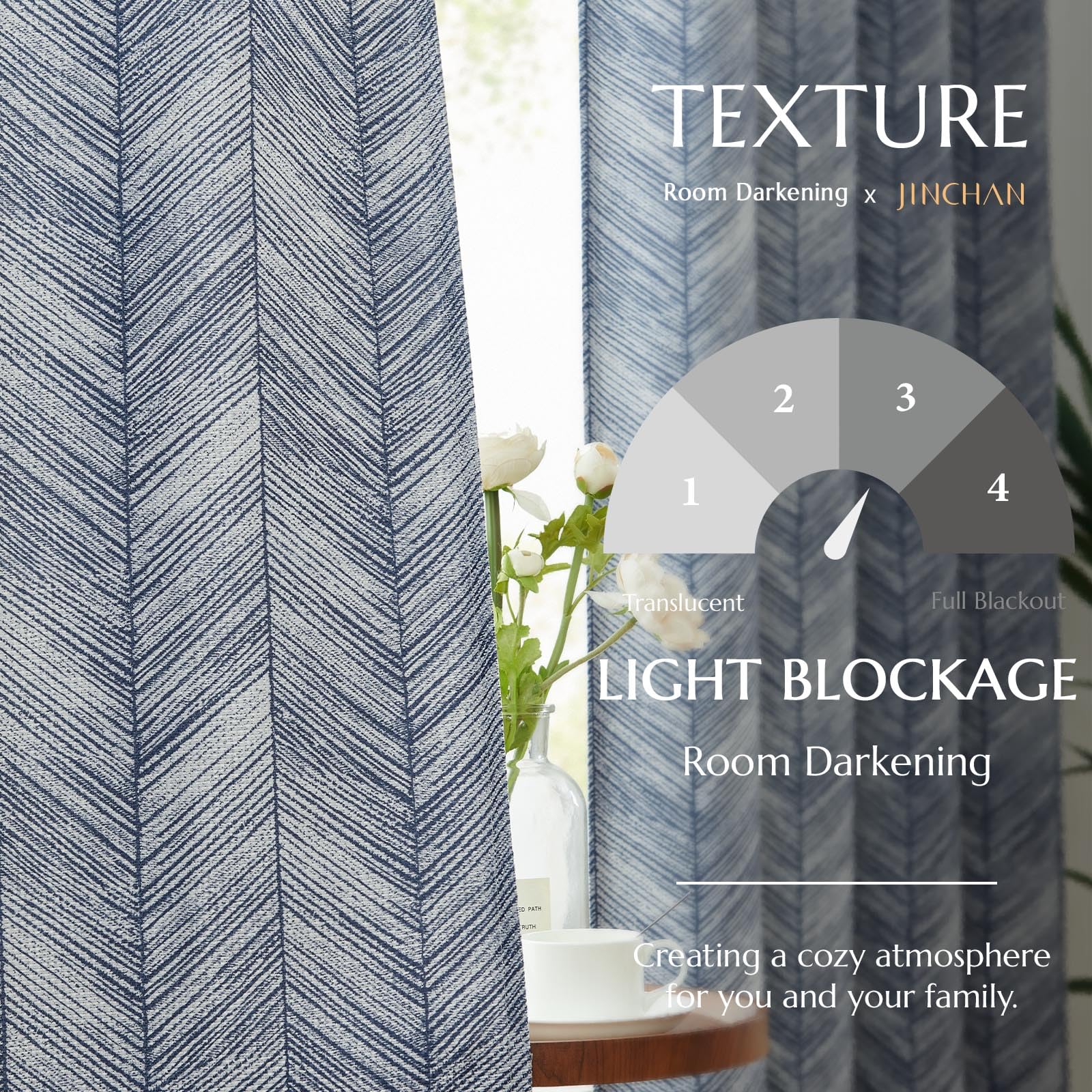 Jinchan Blue Printed Curtains 63 Inch Length For Living Room Grommet Jacquard Curtains With Herringbone Pattern Modern Room Dark