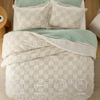 Bedsure Queen Size Comforter Set Grayish Pink, Boho Tufted Bed Set, Checkered Farmhouse Shabby Chic Bedding, 3 Pieces, 1 Plaid Geometric Comforter And 2 Pillow Shams